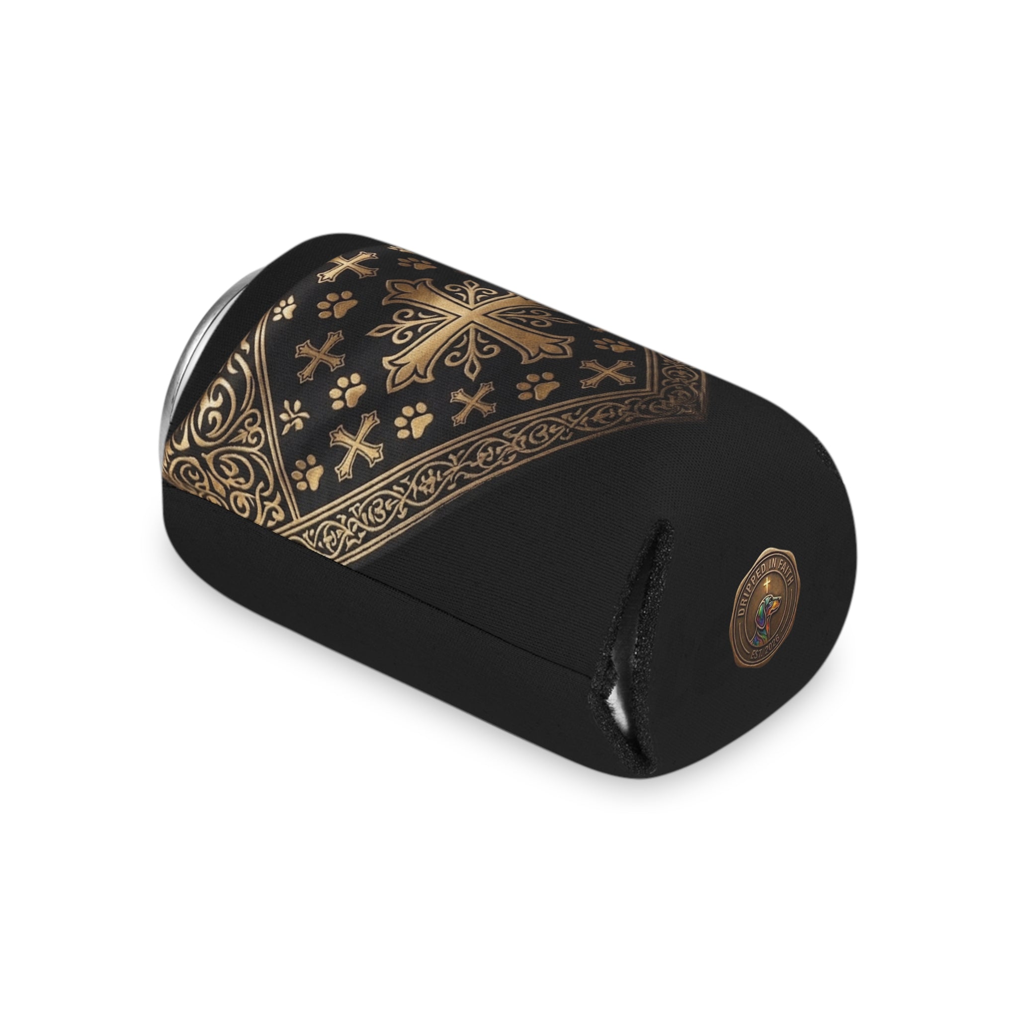 Black Gold Cross Can Cooler - Gothic Bandana Drink Koozie