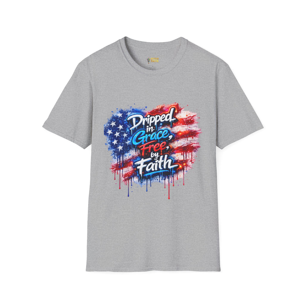 T-Shirt — "Dripped in Grace, Free in Faith" American Flag Christian Graphic Tee - 4th of July