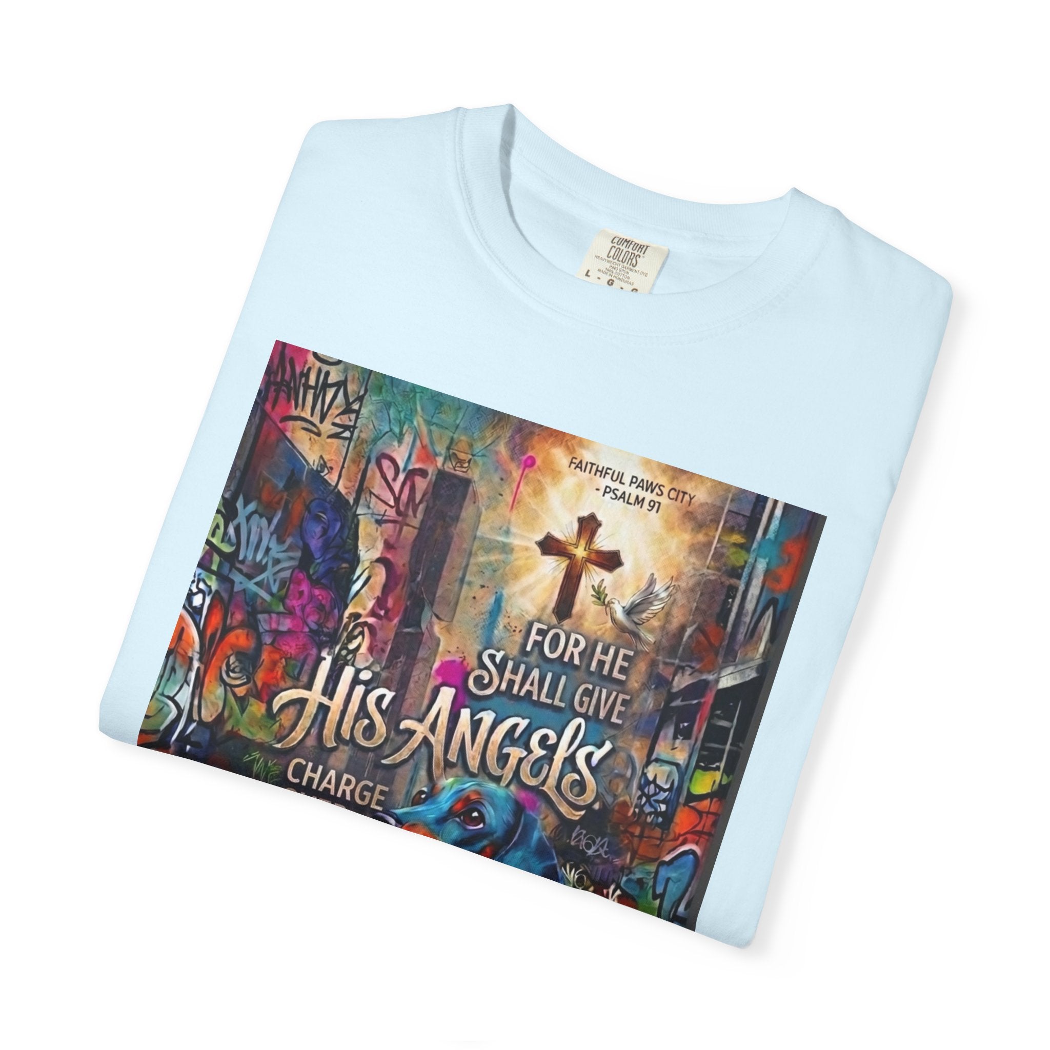 Unisex Christian Dog Grafitti T‑Shirt — "For He Shall Give His Angels Charge Over You" Inspirational Paw Print Tee