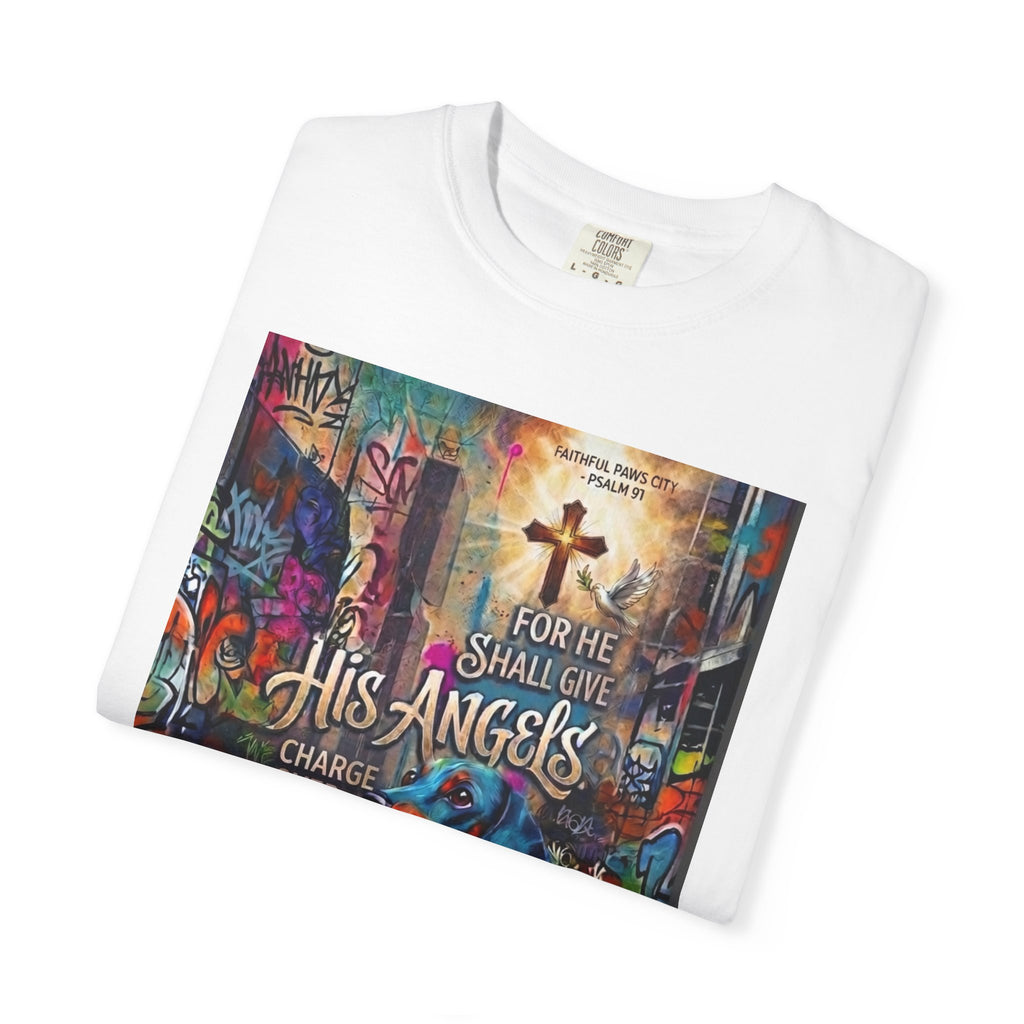 Unisex Christian Dog Grafitti T‑Shirt — "For He Shall Give His Angels Charge Over You" Inspirational Paw Print Tee
