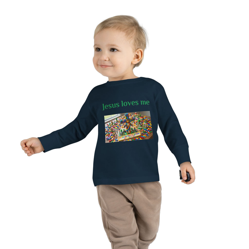 Toddler Long Sleeve Tee — "Jesus Loves Me" print with Colorful Legos Jesus on the cross - Sizes 2T - 6T