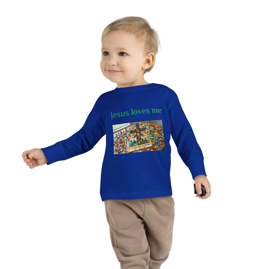 Toddler Long Sleeve Tee — "Jesus Loves Me" print with Colorful Legos Jesus on the cross - Sizes 2T - 6T