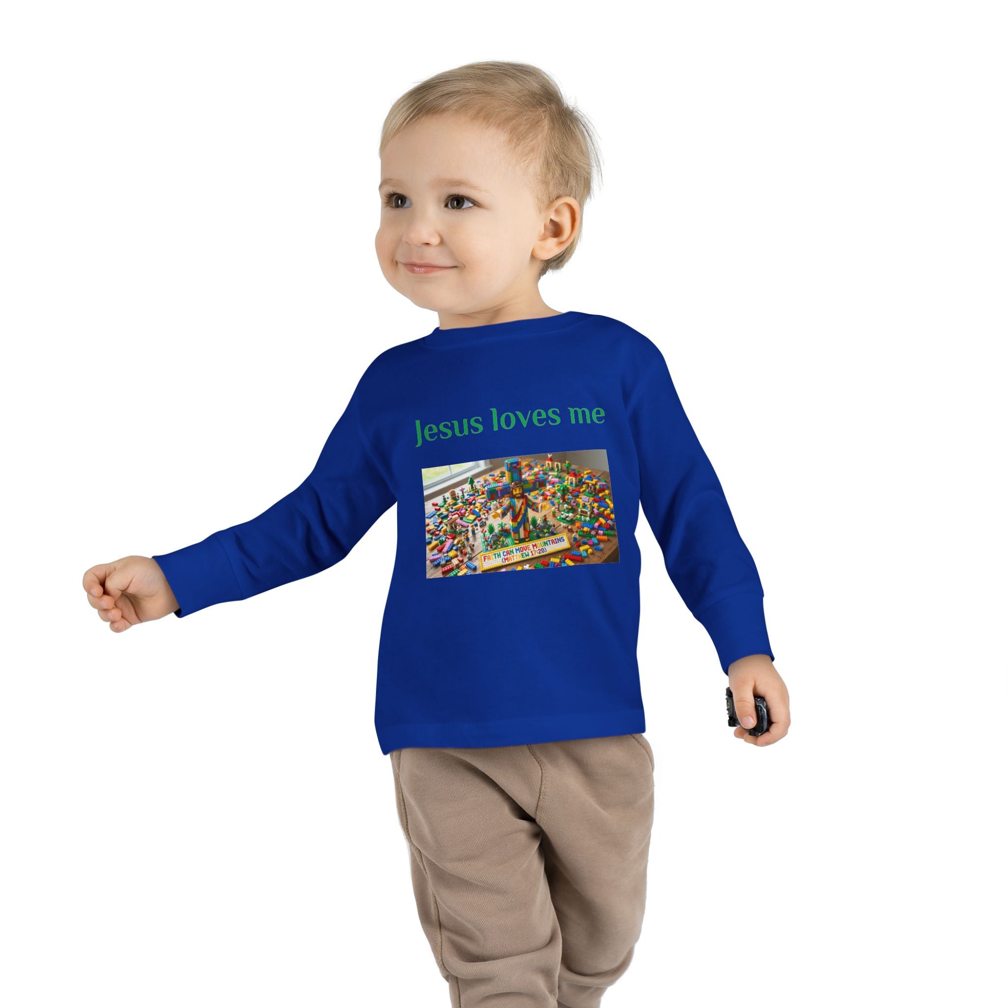 Toddler Long Sleeve Tee — "Jesus Loves Me" print with Colorful Legos Jesus on the cross - Sizes 2T - 6T