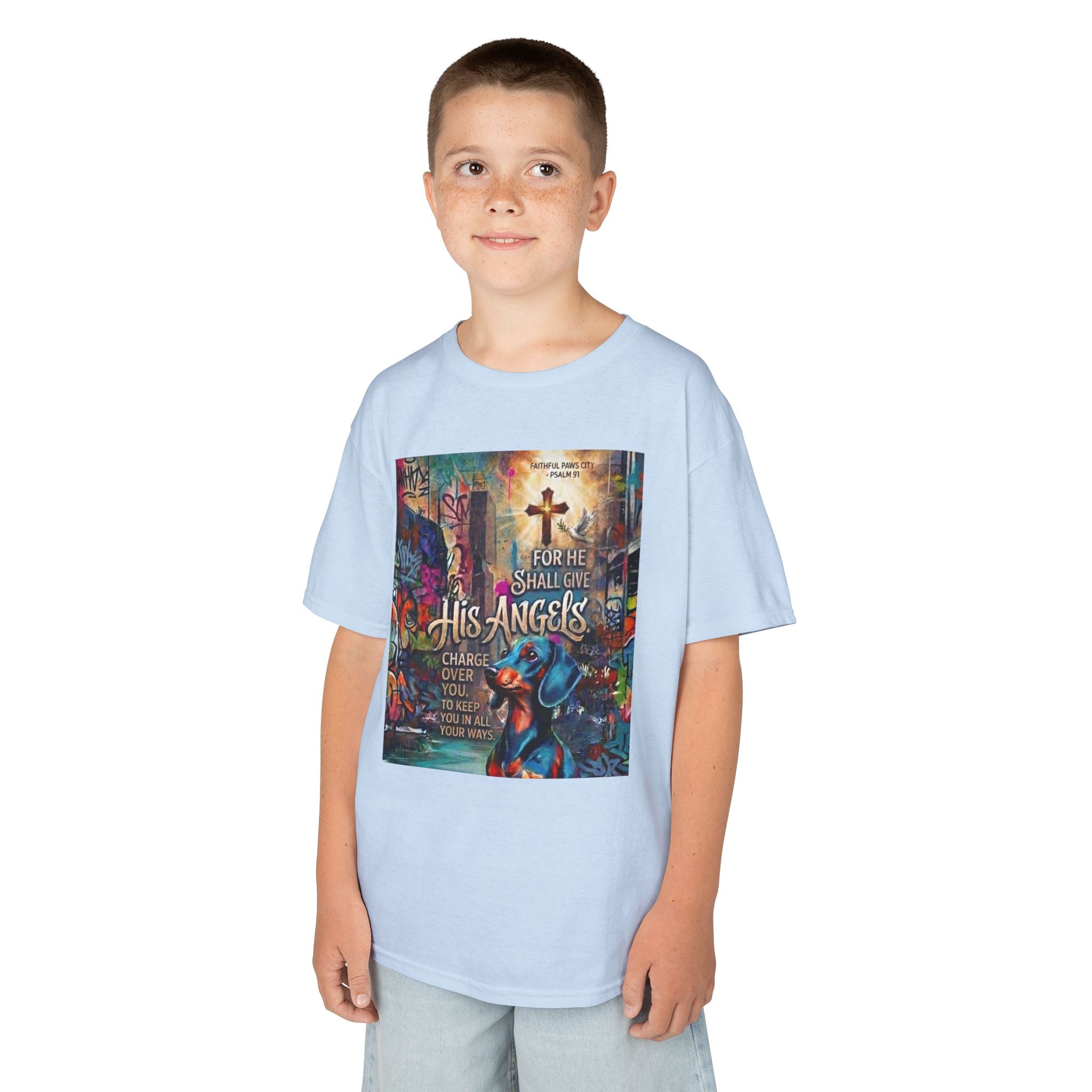 Kids Grafitti Dachshund T-Shirt — "Faithful Paws City" Colorful Angels & Paw Print Graphic Tee