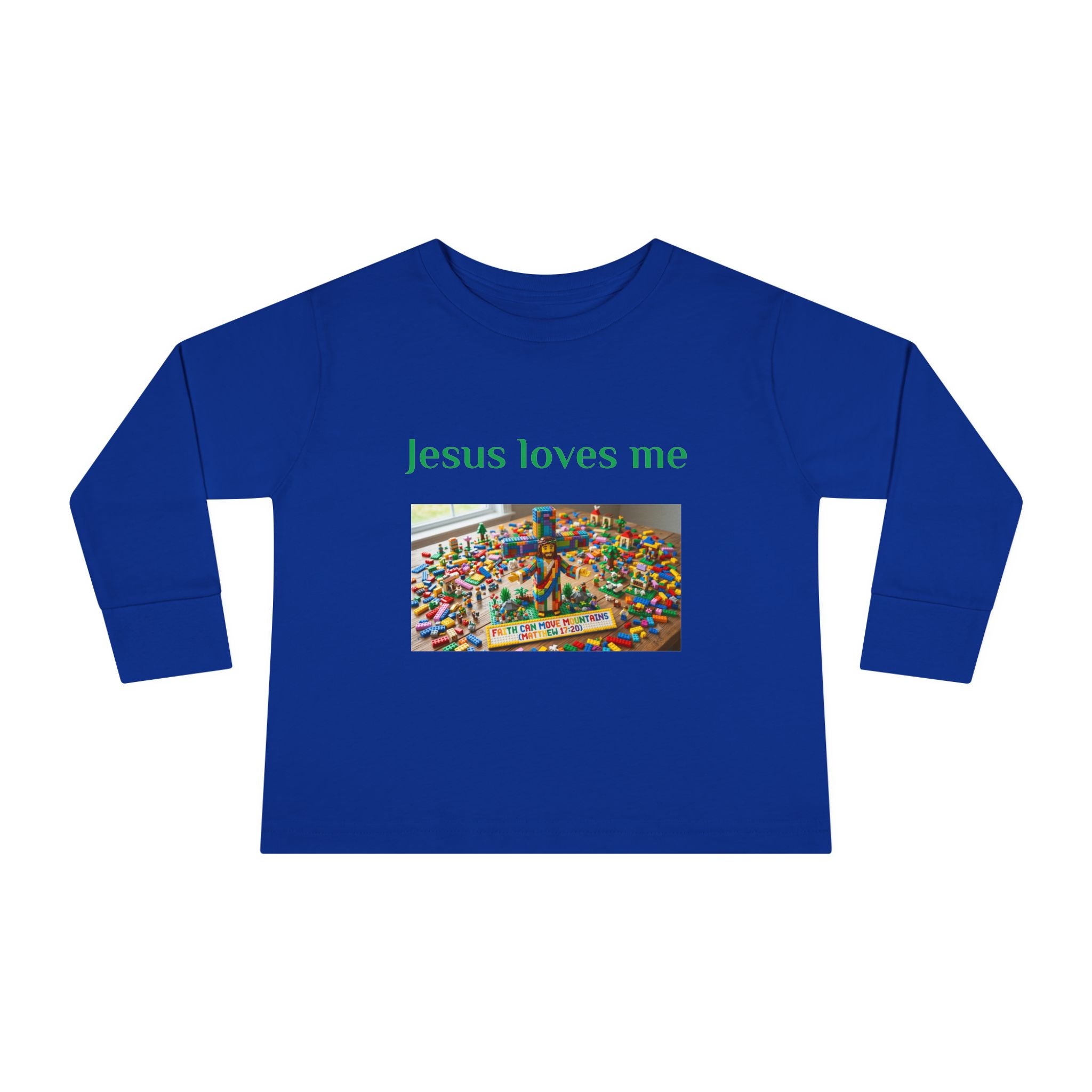 Toddler Long Sleeve Tee — "Jesus Loves Me" print with Colorful Legos Jesus on the cross - Sizes 2T - 6T