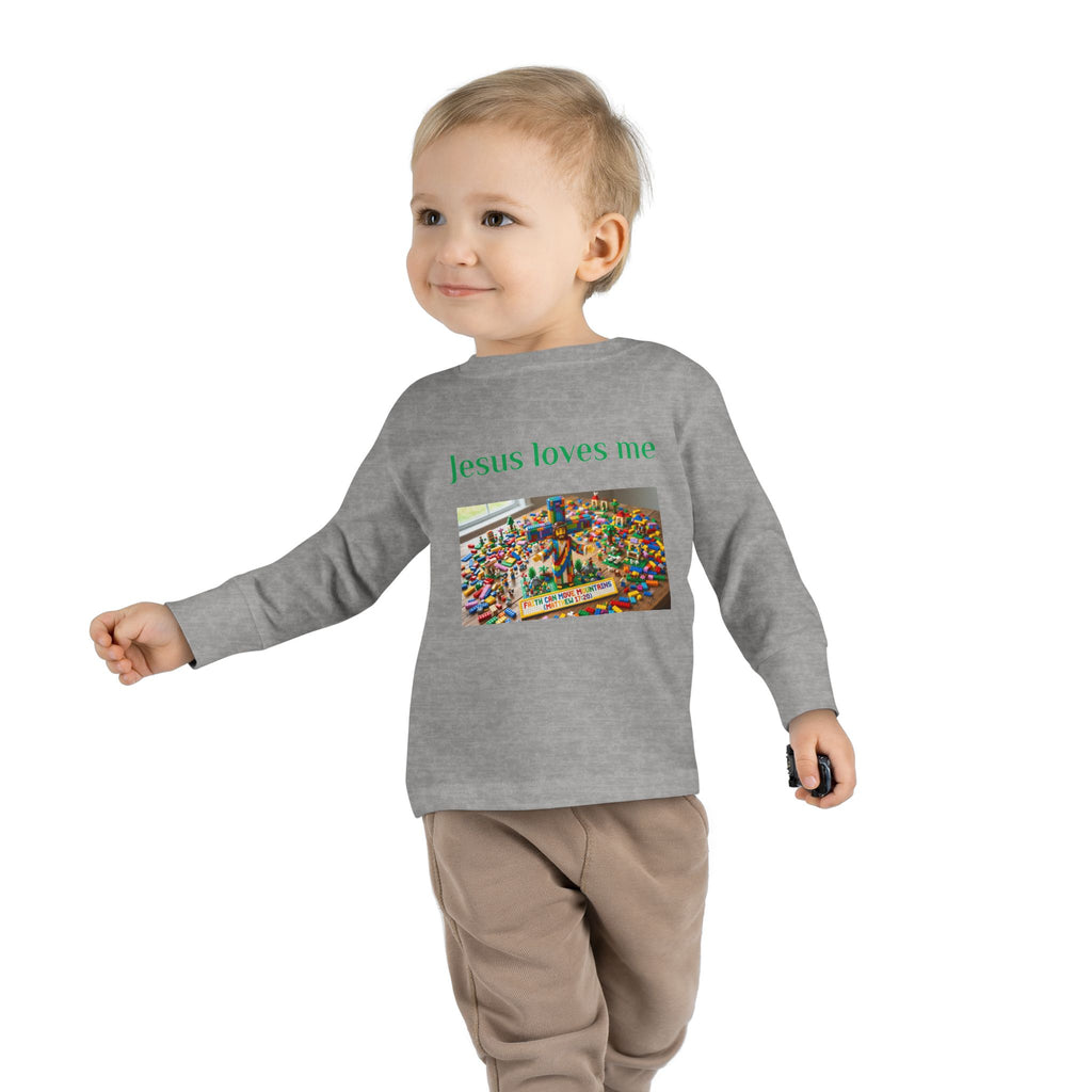Toddler Long Sleeve Tee — "Jesus Loves Me" print with Colorful Legos Jesus on the cross - Sizes 2T - 6T