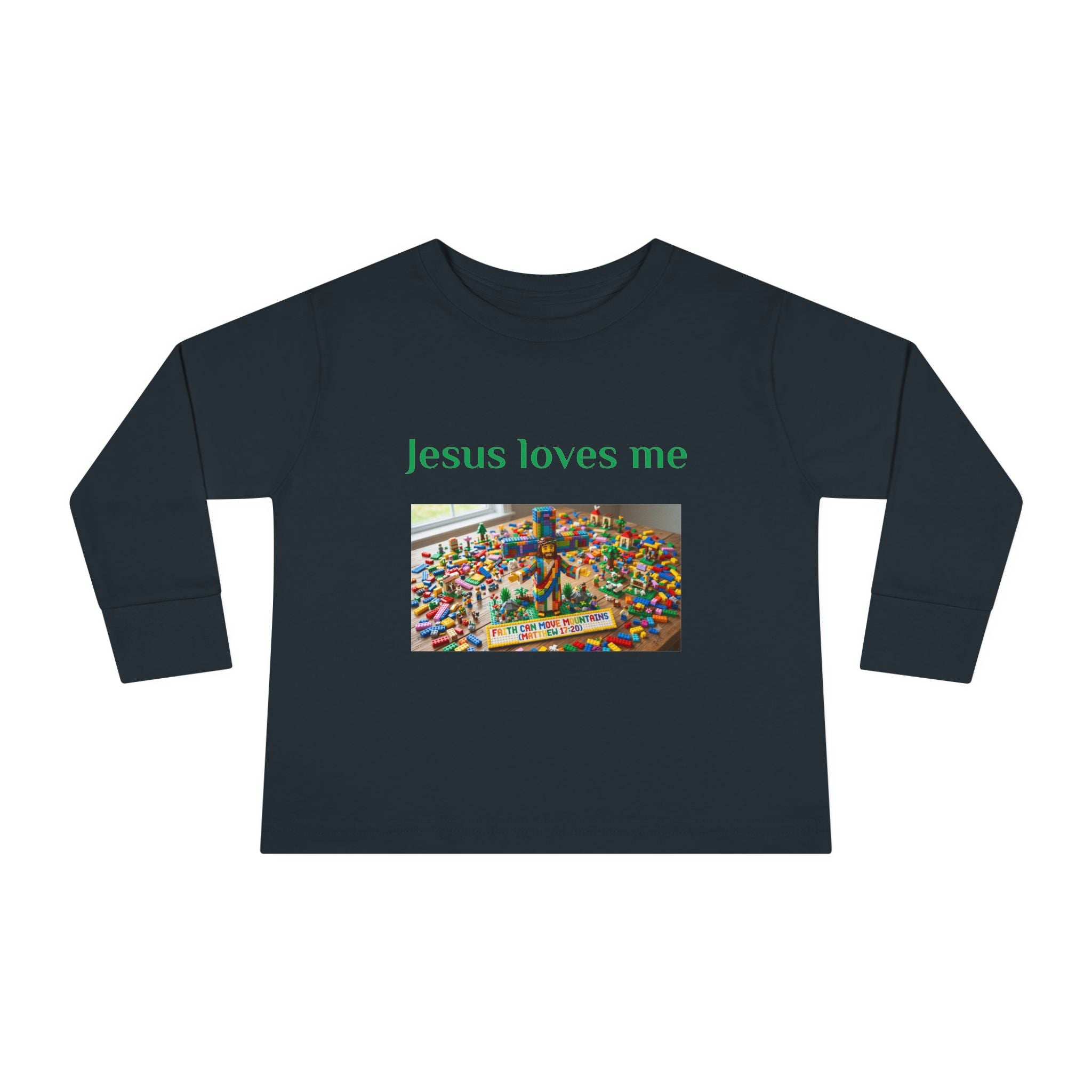 Toddler Long Sleeve Tee — "Jesus Loves Me" print with Colorful Legos Jesus on the cross - Sizes 2T - 6T
