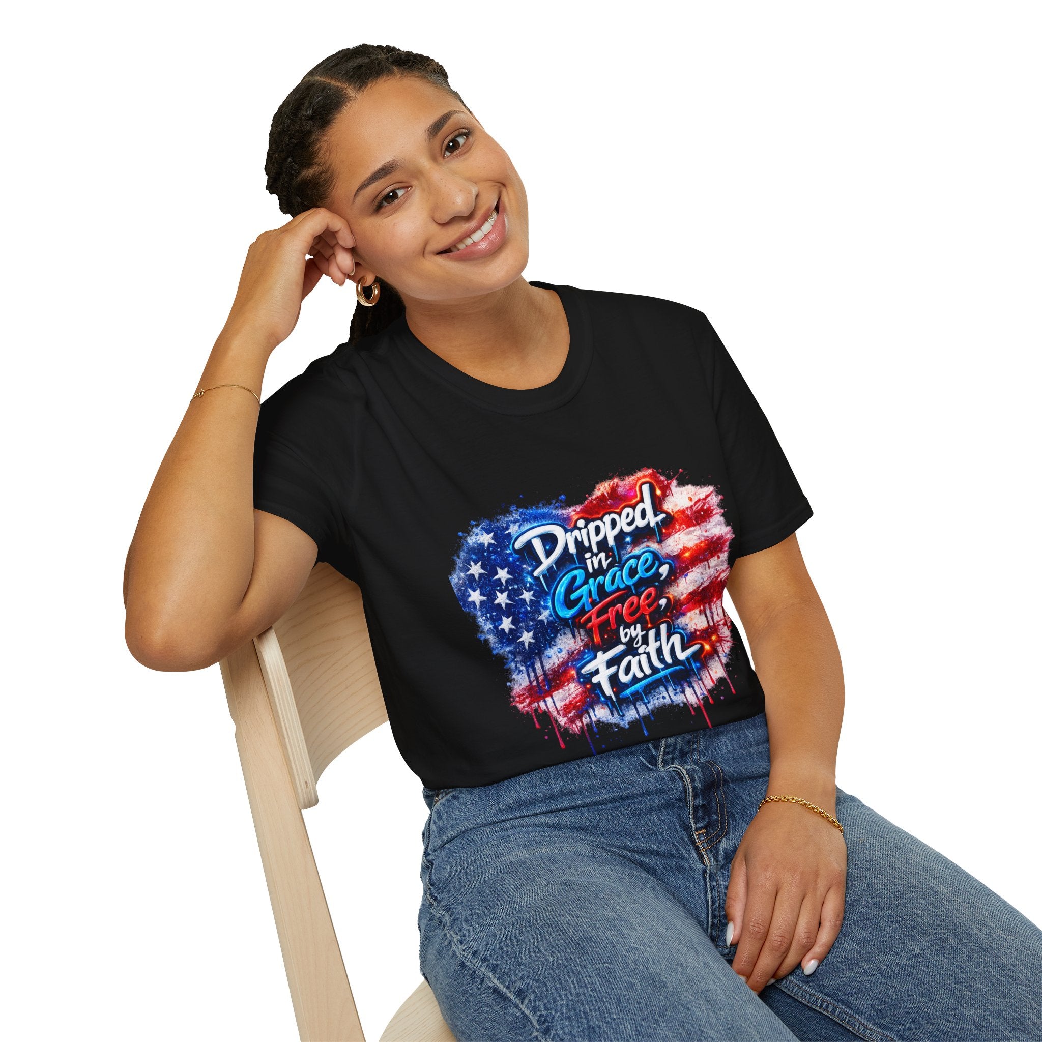T-Shirt — "Dripped in Grace, Free in Faith" American Flag Christian Graphic Tee - 4th of July