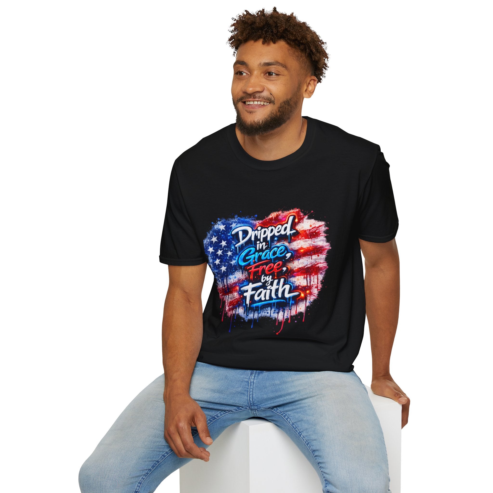T-Shirt — "Dripped in Grace, Free in Faith" American Flag Christian Graphic Tee - 4th of July
