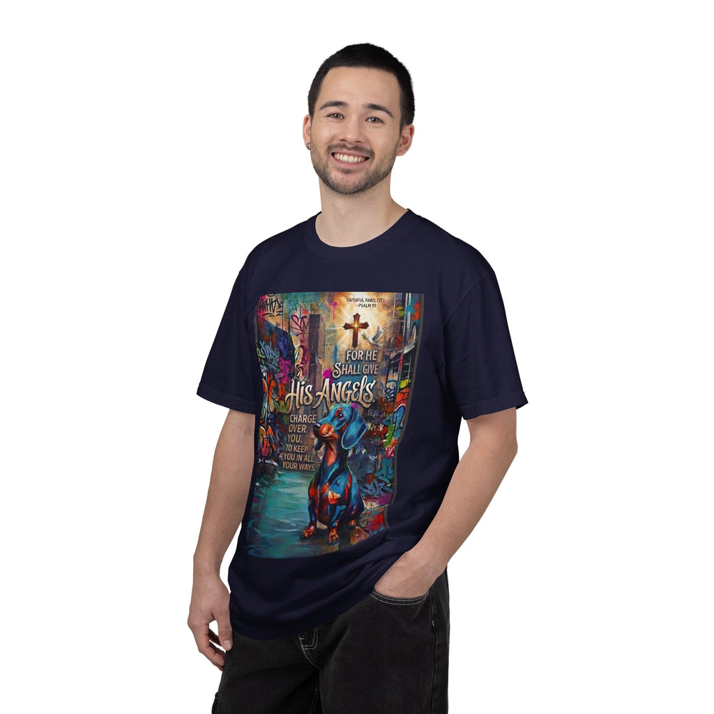 Unisex Christian Dog Grafitti T‑Shirt — "For He Shall Give His Angels Charge Over You" Inspirational Paw Print Tee