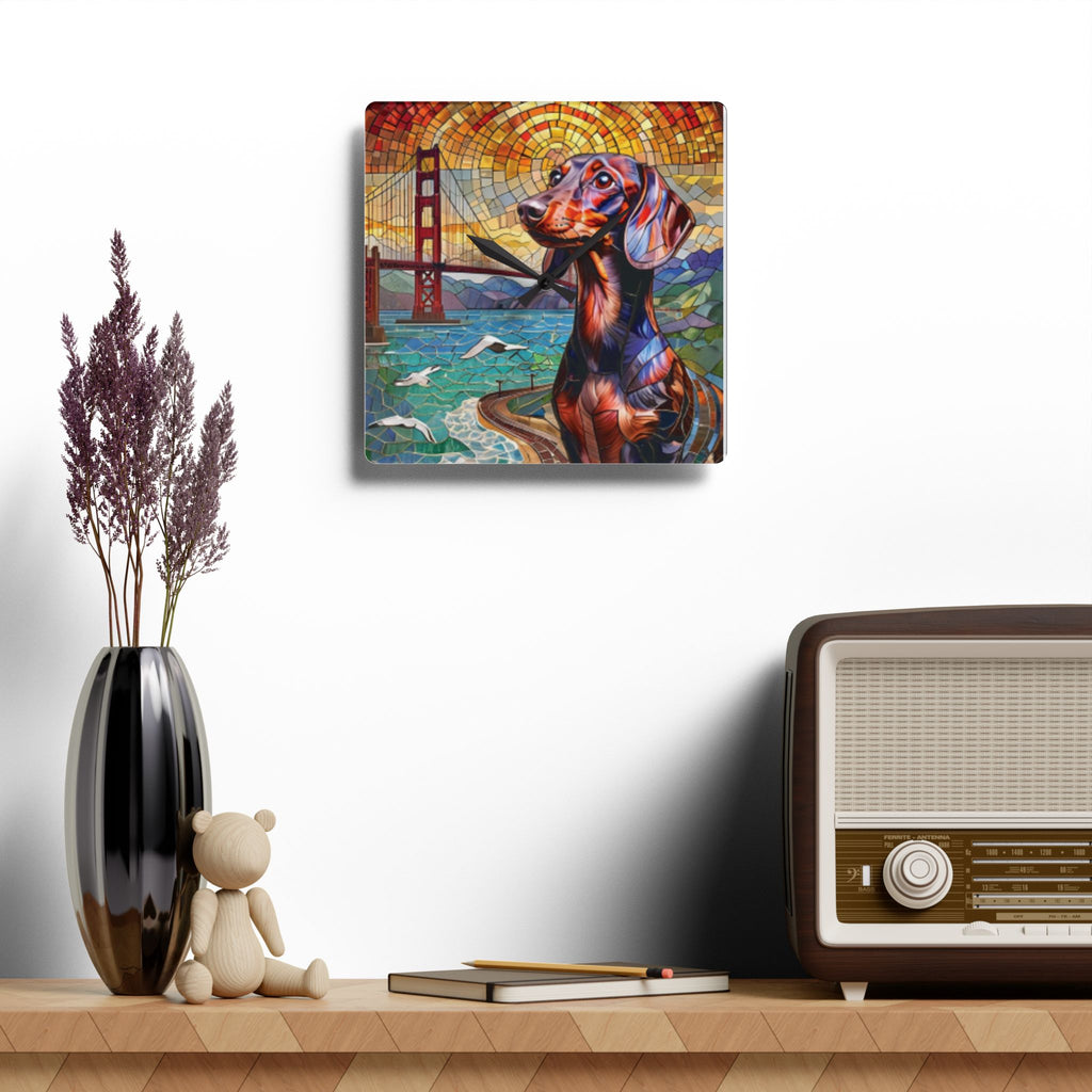 Dachshund San Francisco Acrylic Wall Clock — Colorful Mosaic Dog Art
