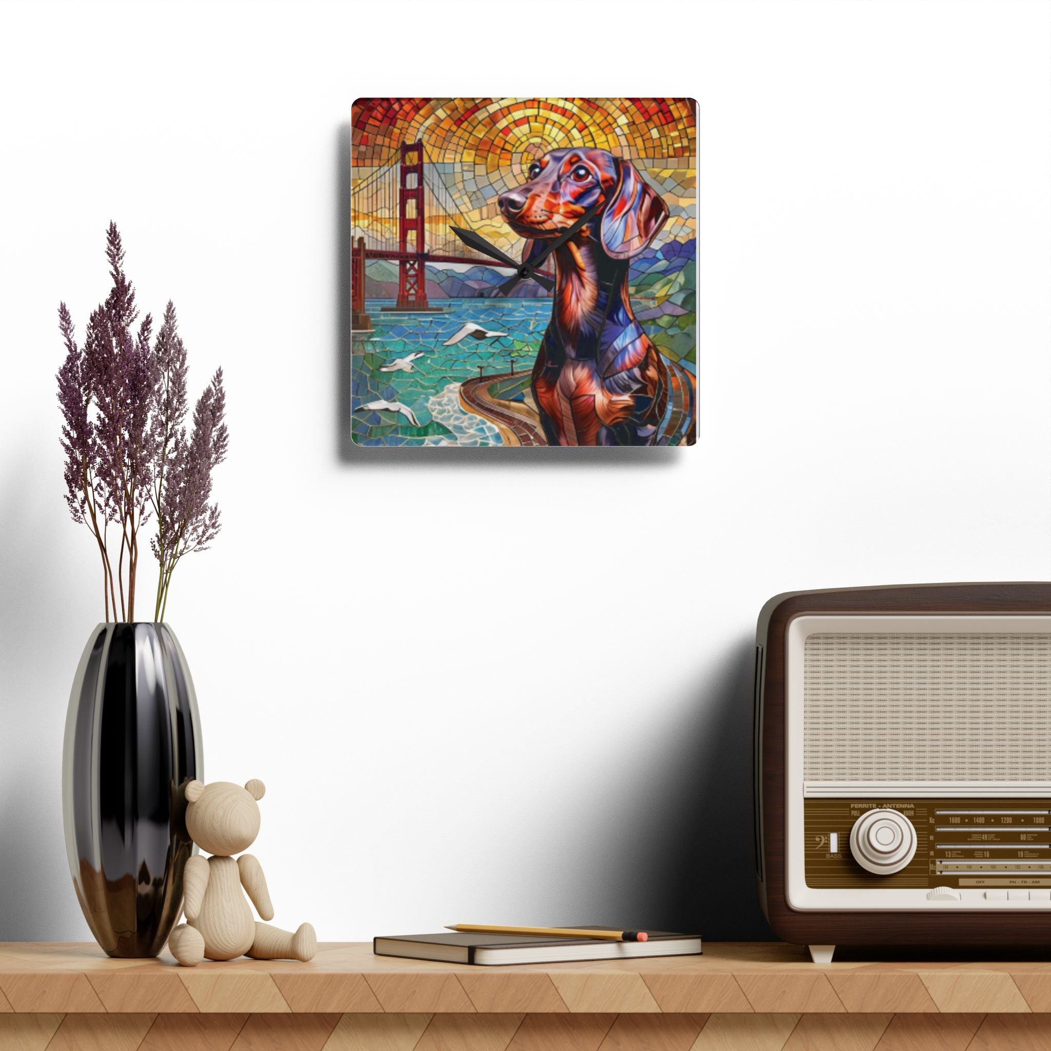 Dachshund San Francisco Acrylic Wall Clock — Colorful Mosaic Dog Art