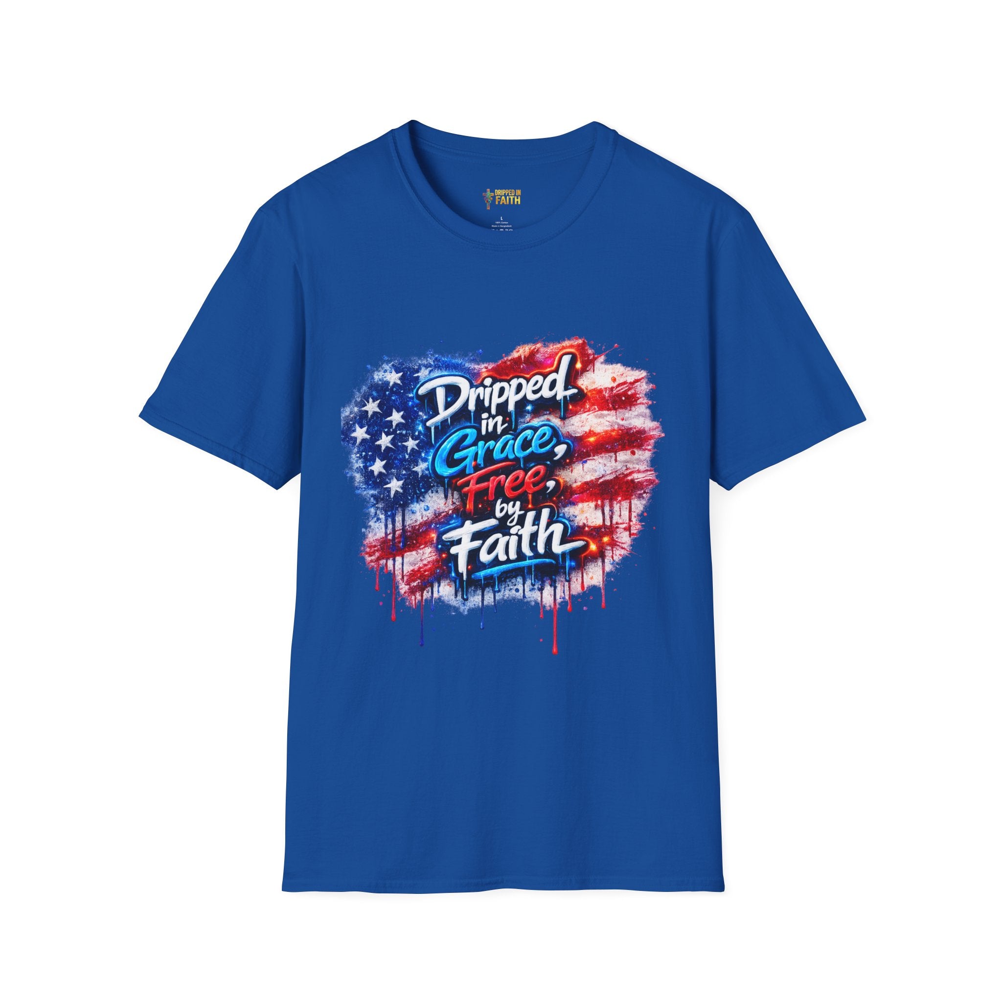 T-Shirt — "Dripped in Grace, Free in Faith" American Flag Christian Graphic Tee - 4th of July