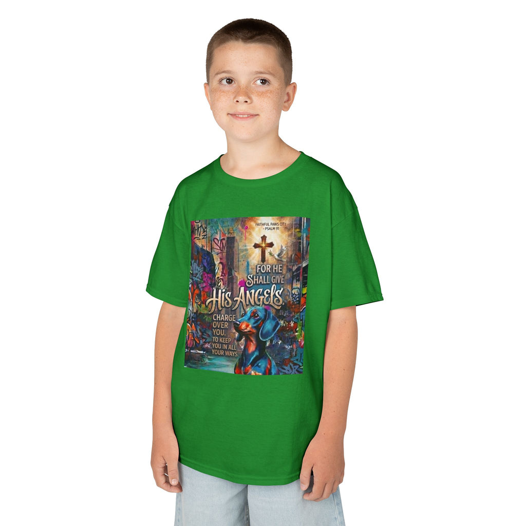 Kids Grafitti Dachshund T-Shirt — "Faithful Paws City" Colorful Angels & Paw Print Graphic Tee