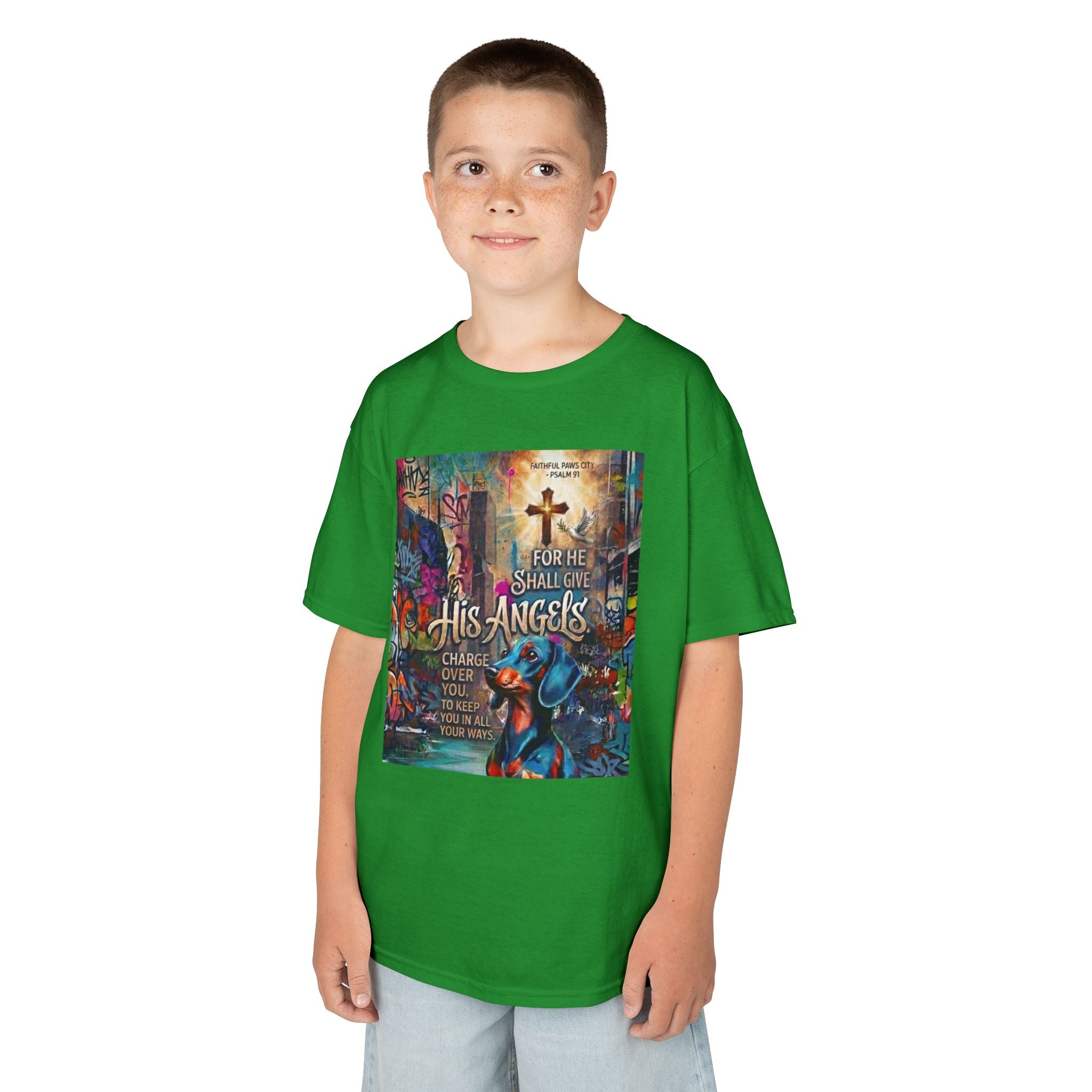 Kids Grafitti Dachshund T-Shirt — "Faithful Paws City" Colorful Angels & Paw Print Graphic Tee