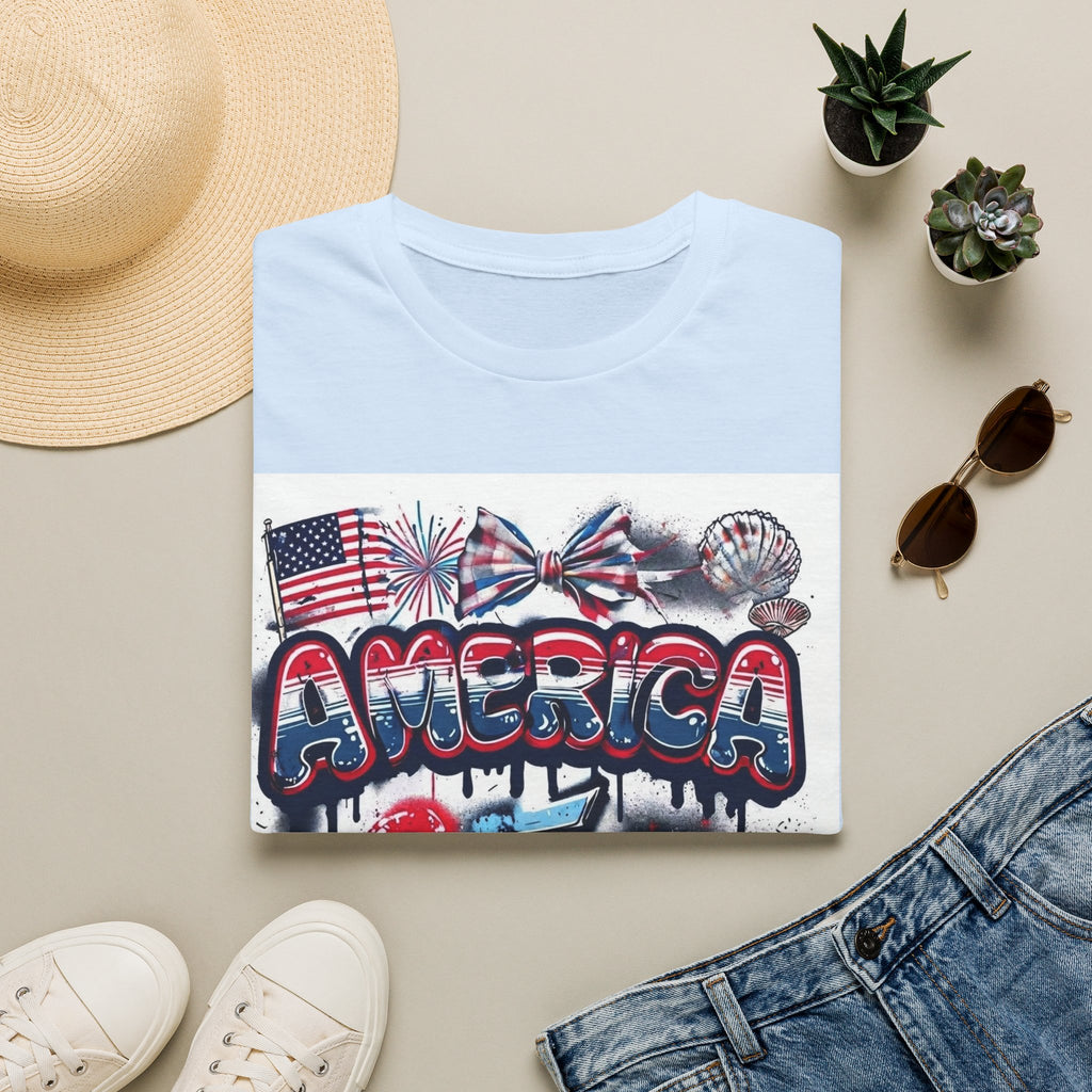 America 4th of July Graphic Tee — Patriotic USA Flag & Fireworks Design