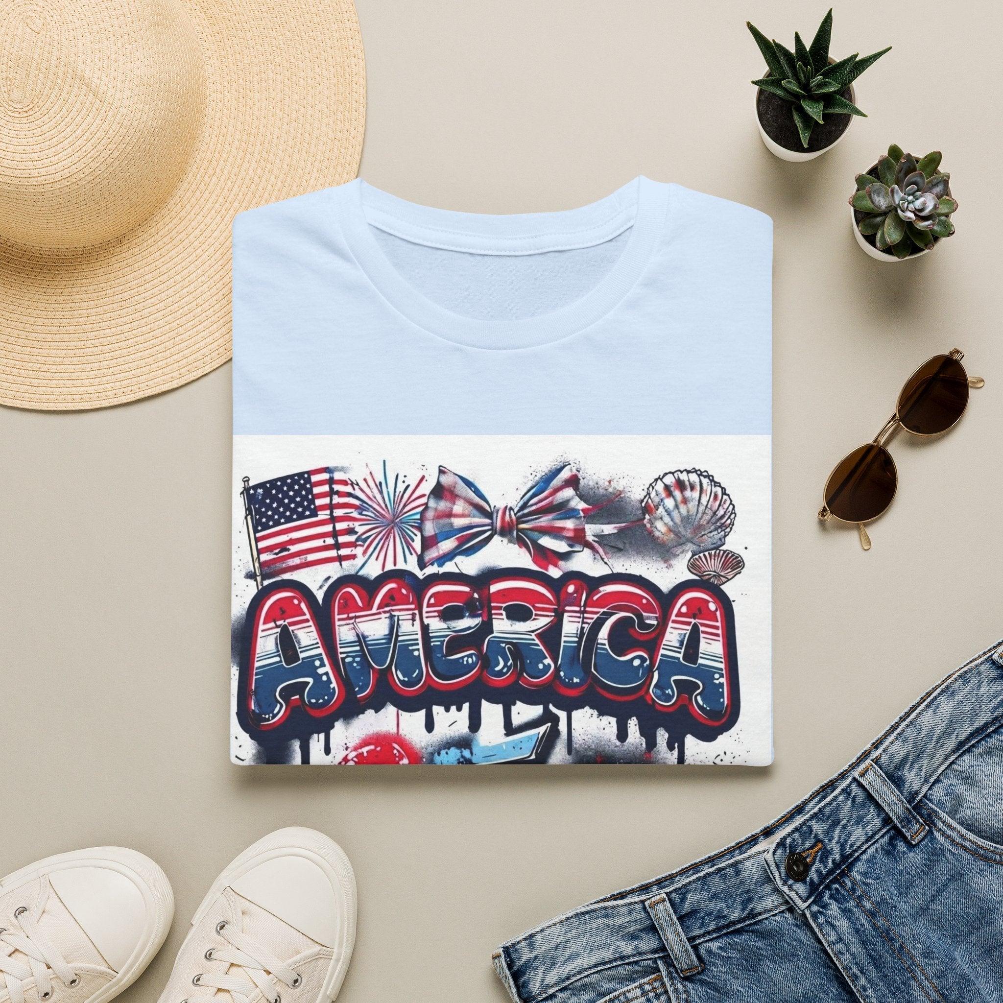 America 4th of July Graphic Tee — Patriotic USA Flag & Fireworks Design