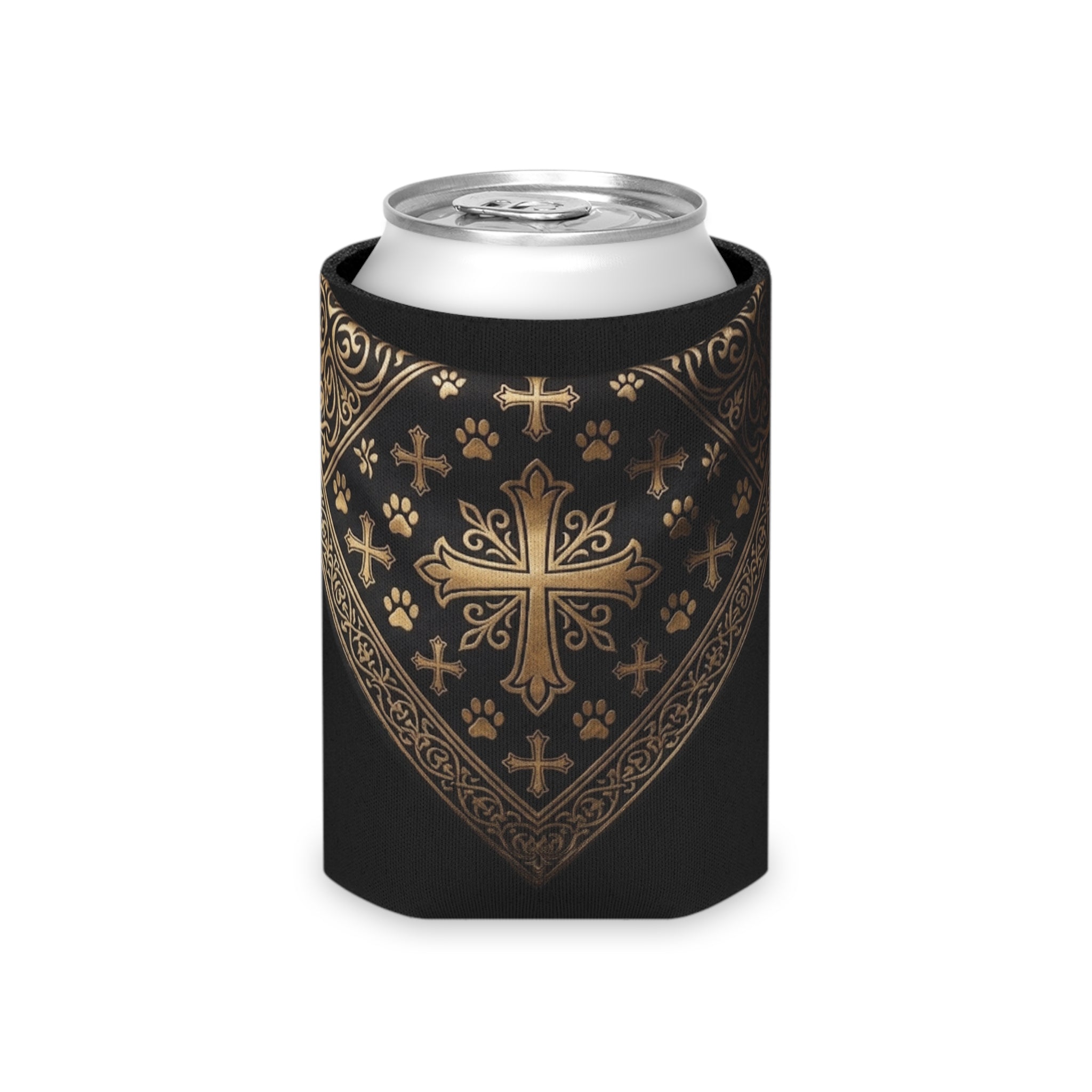 Black Gold Cross Can Cooler - Gothic Bandana Drink Koozie