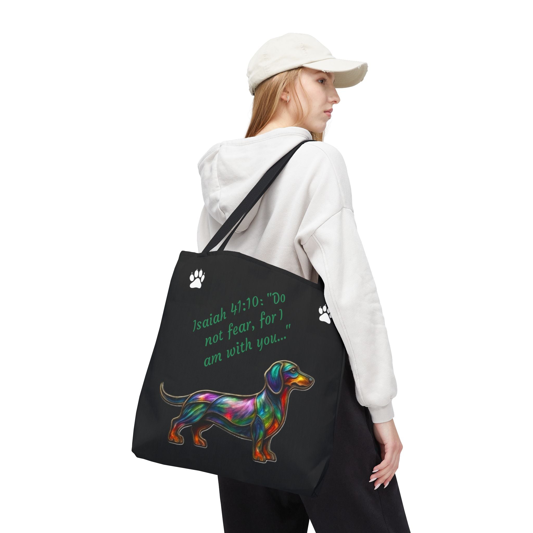 Faithful Paws City Dachshund Tote — Isaiah 41:10 Inspirational Dog Lover Bag