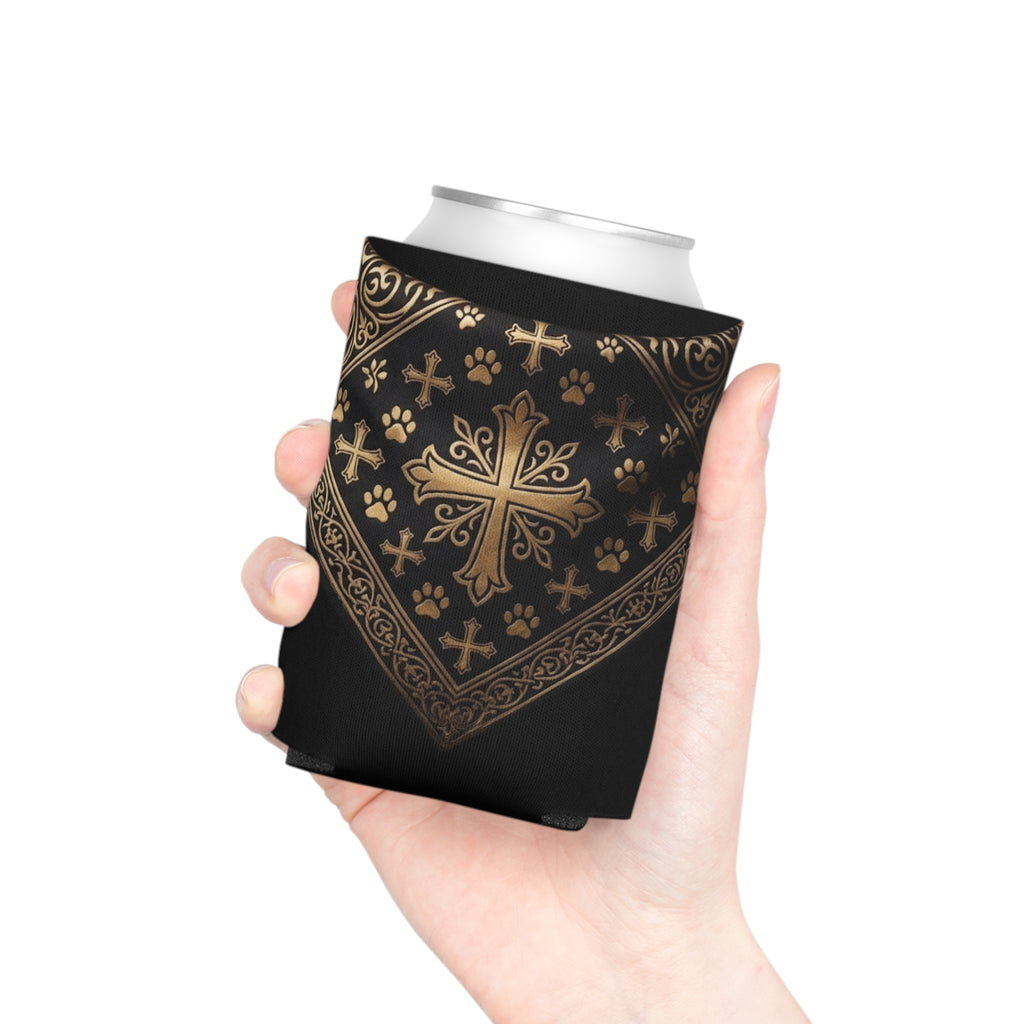 Black Gold Cross Can Cooler - Gothic Bandana Drink Koozie