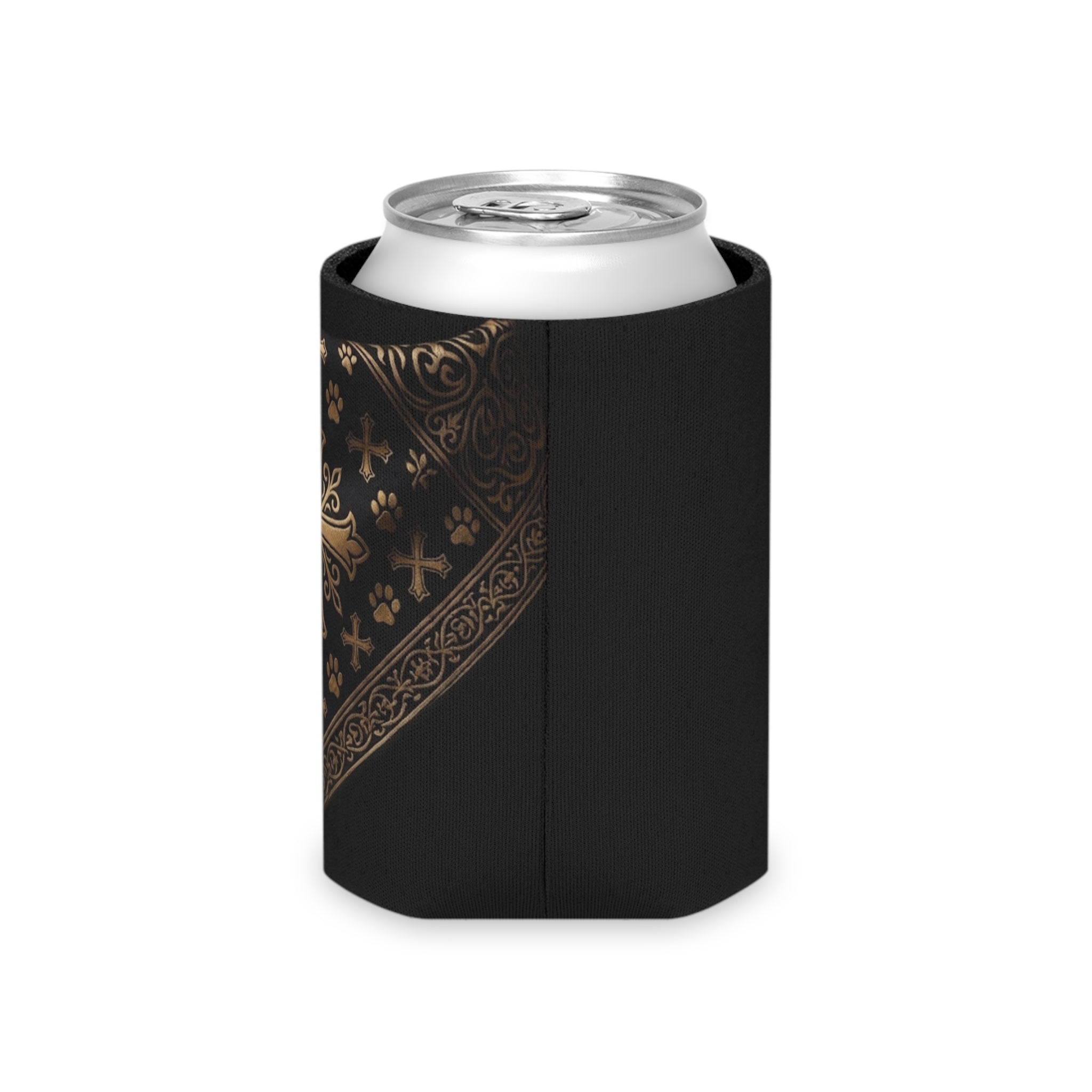 Black Gold Cross Can Cooler - Gothic Bandana Drink Koozie