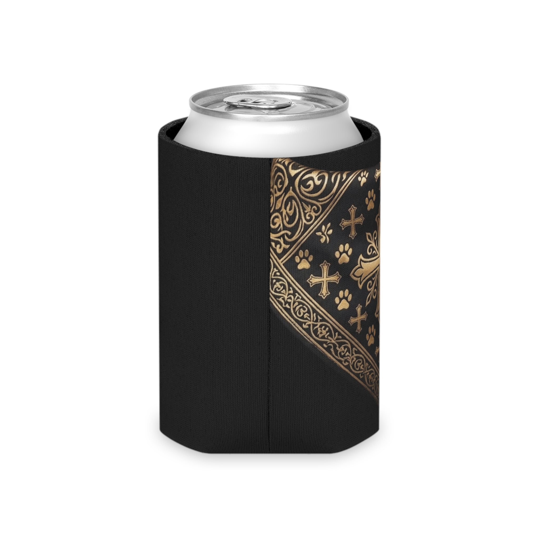 Black Gold Cross Can Cooler - Gothic Bandana Drink Koozie