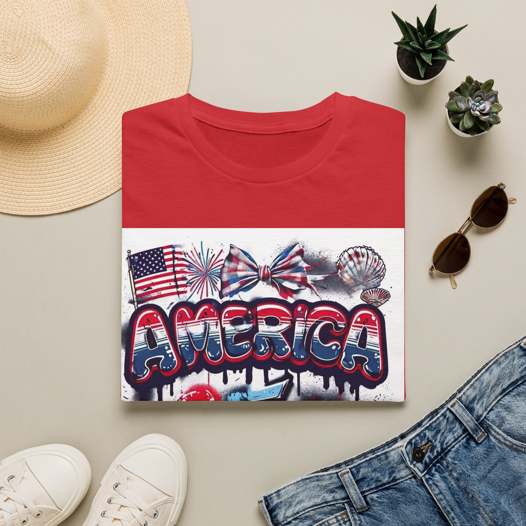 America 4th of July Graphic Tee — Patriotic USA Flag & Fireworks Design