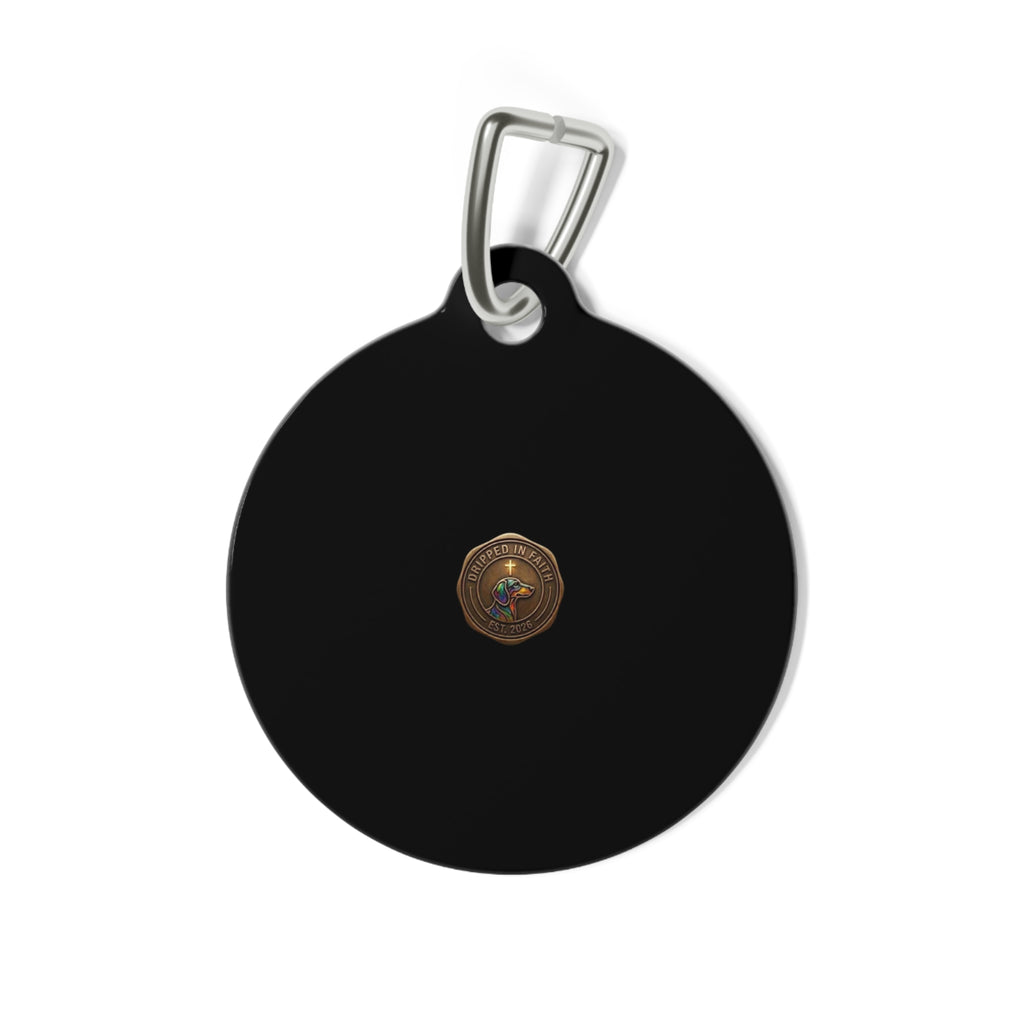 Personalizable Black with Gold Cross Paw Print Pet Tag on a faux leather collar — Christian Dog & Cat ID Charm