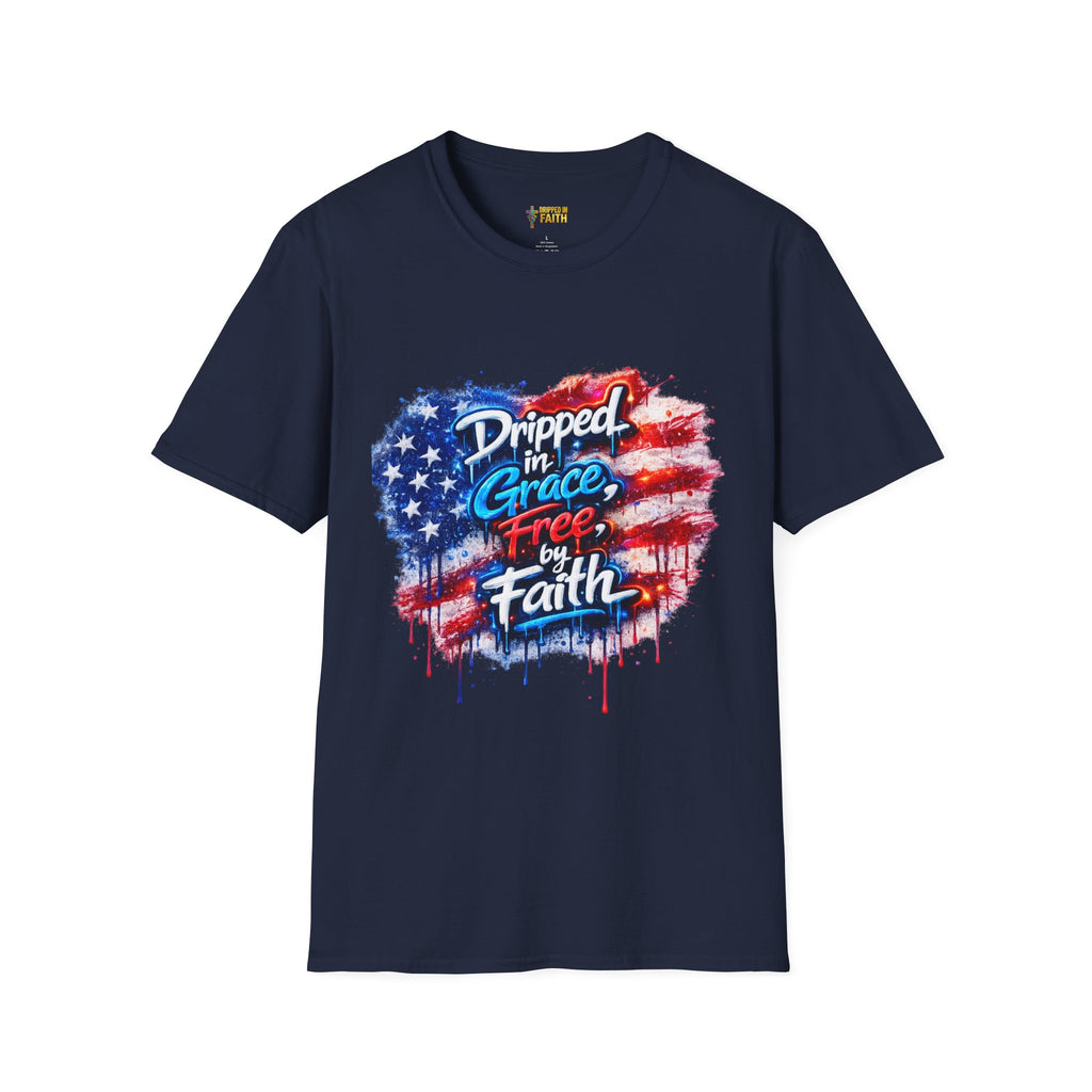 T-Shirt — "Dripped in Grace, Free in Faith" American Flag Christian Graphic Tee - 4th of July