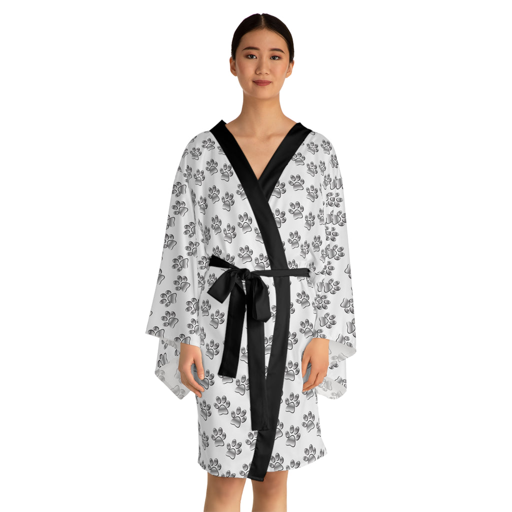 Ultra light Silver Paw Print Pattern Long Sleeve Kimono Robe | Pet Lover AOP