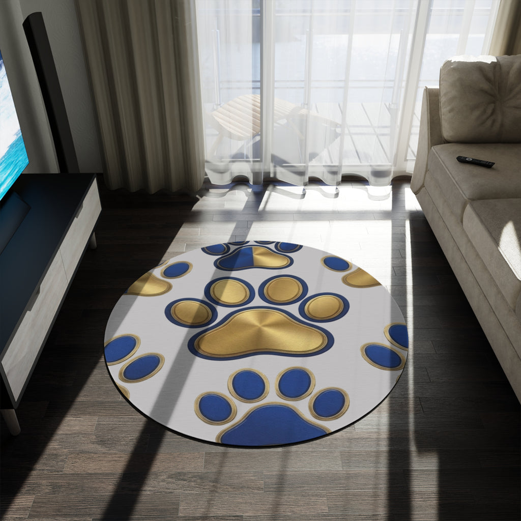 Round Pet Paw Rug — Blue & Gold Decorative Floor Mat