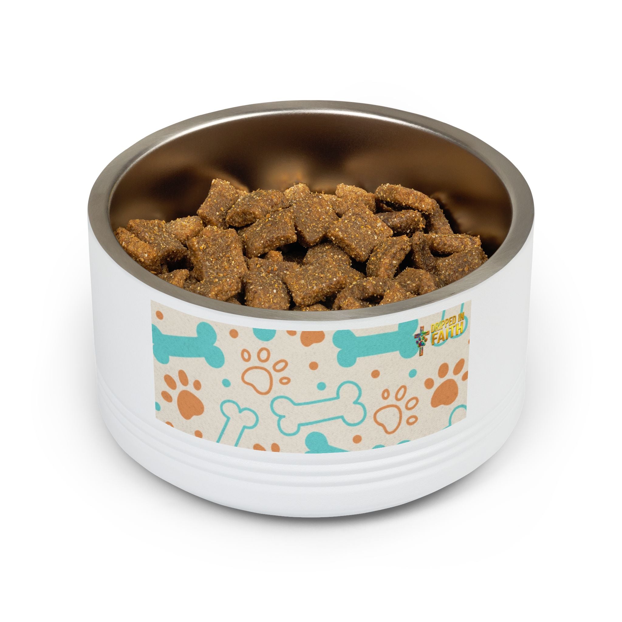 Bone & Paw Pattern Pet Bowl — 18oz Stainless Dog/Cat Food Dish