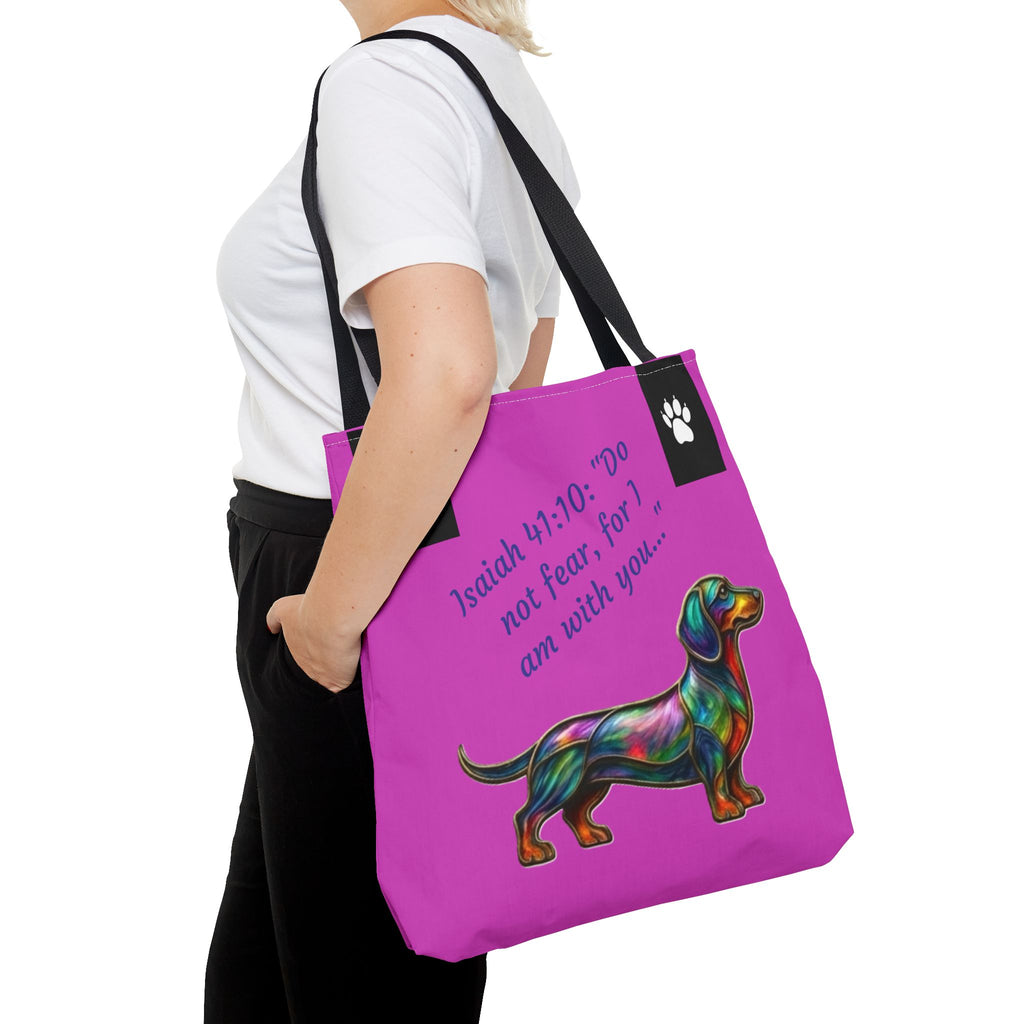 Faithful Paws City Dachshund Tote — Isaiah 41:10 Inspirational Dog Lover Bag