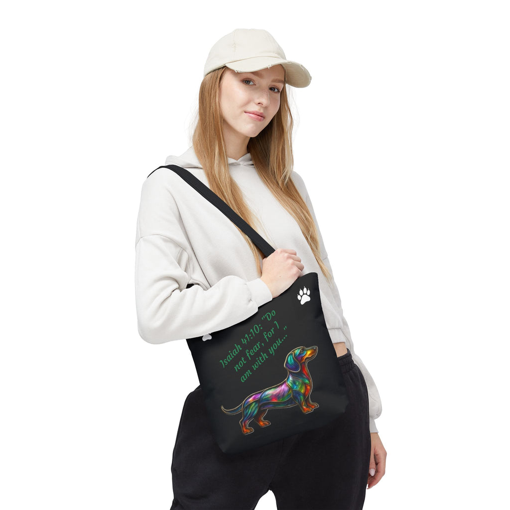 Faithful Paws City Dachshund Tote — Isaiah 41:10 Inspirational Dog Lover Bag