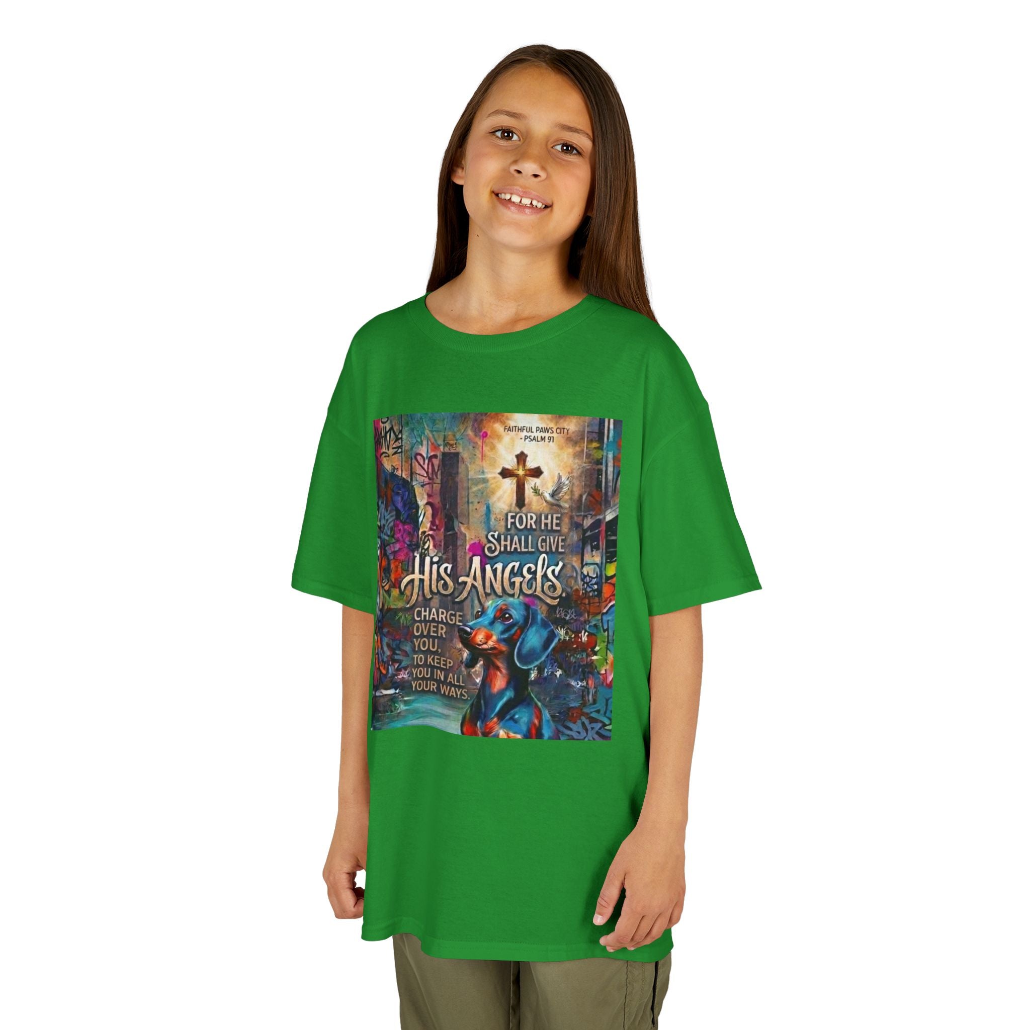 Kids Grafitti Dachshund T-Shirt — "Faithful Paws City" Colorful Angels & Paw Print Graphic Tee