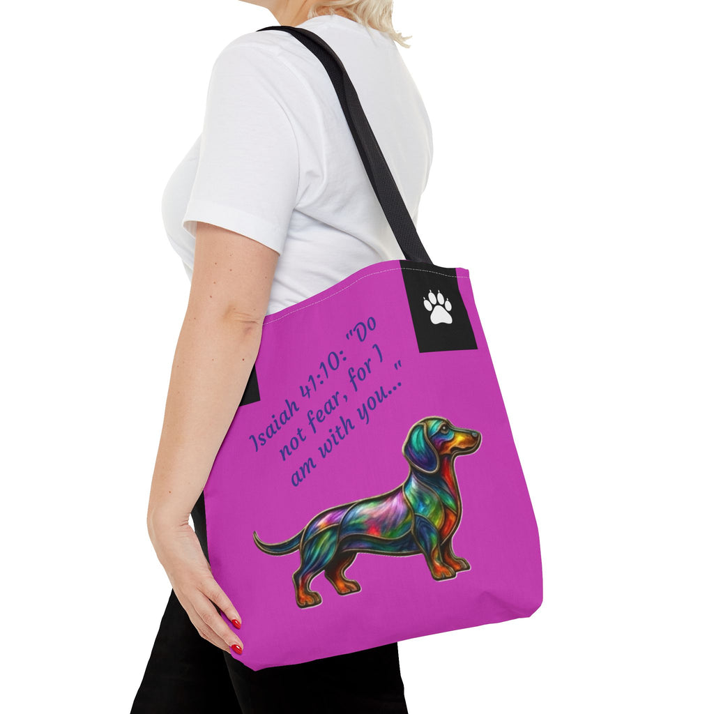 Faithful Paws City Dachshund Tote — Isaiah 41:10 Inspirational Dog Lover Bag