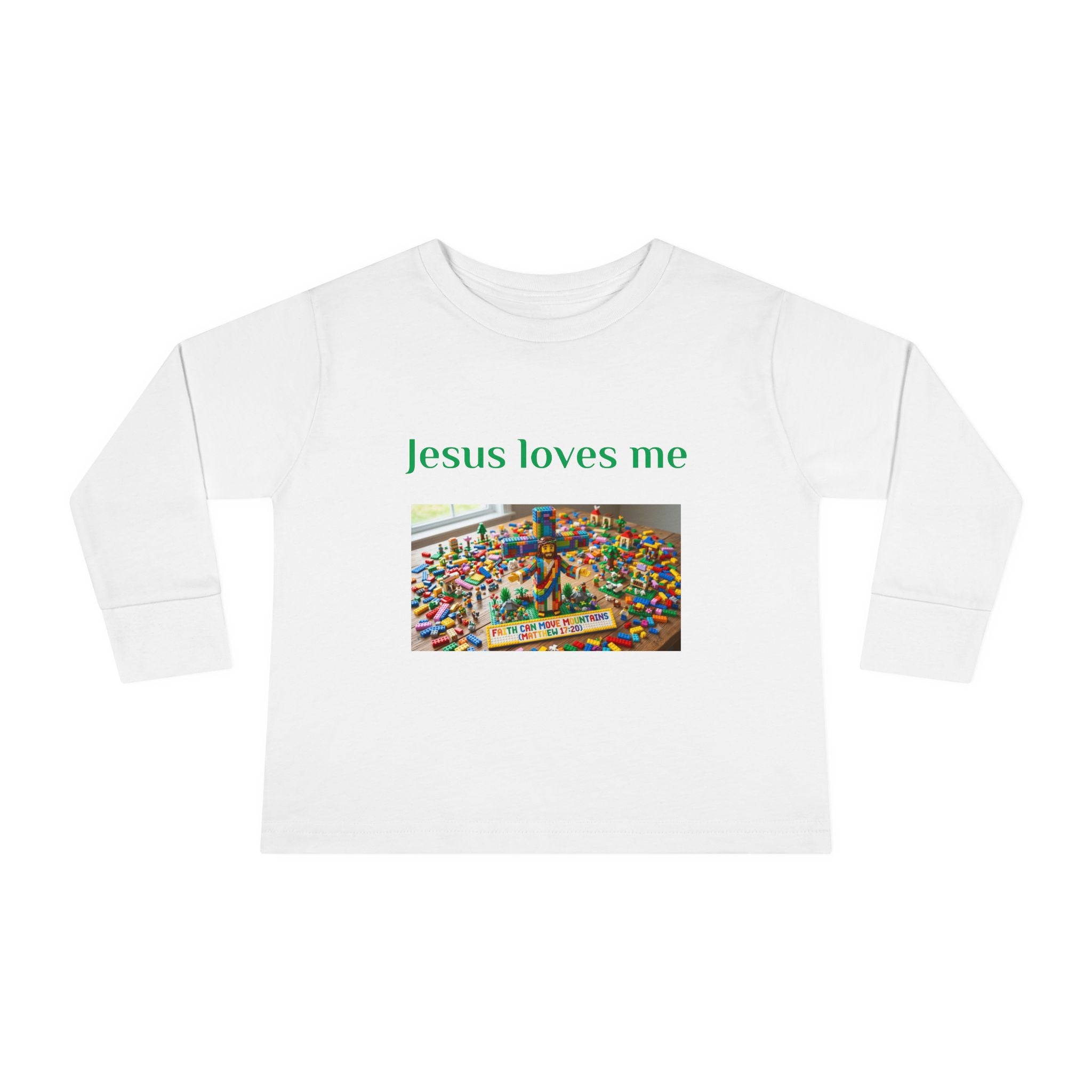 Toddler Long Sleeve Tee — "Jesus Loves Me" print with Colorful Legos Jesus on the cross - Sizes 2T - 6T