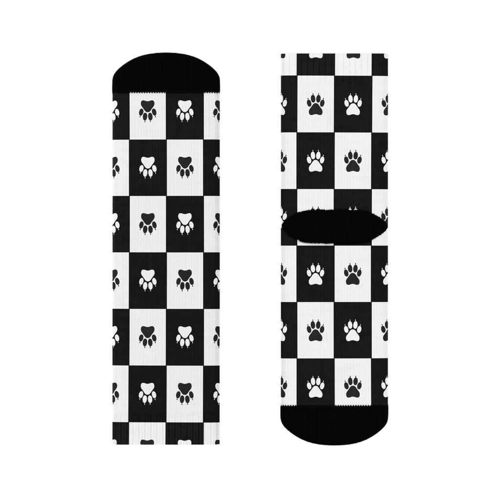Black & White Paw Print Checkerboard Crew Socks