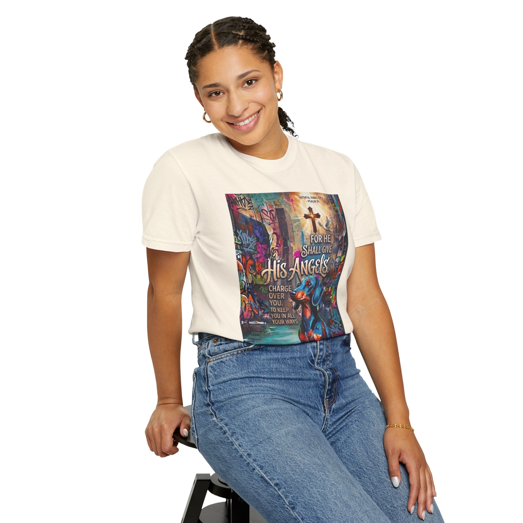 Unisex Christian Dog Grafitti T‑Shirt — "For He Shall Give His Angels Charge Over You" Inspirational Paw Print Tee