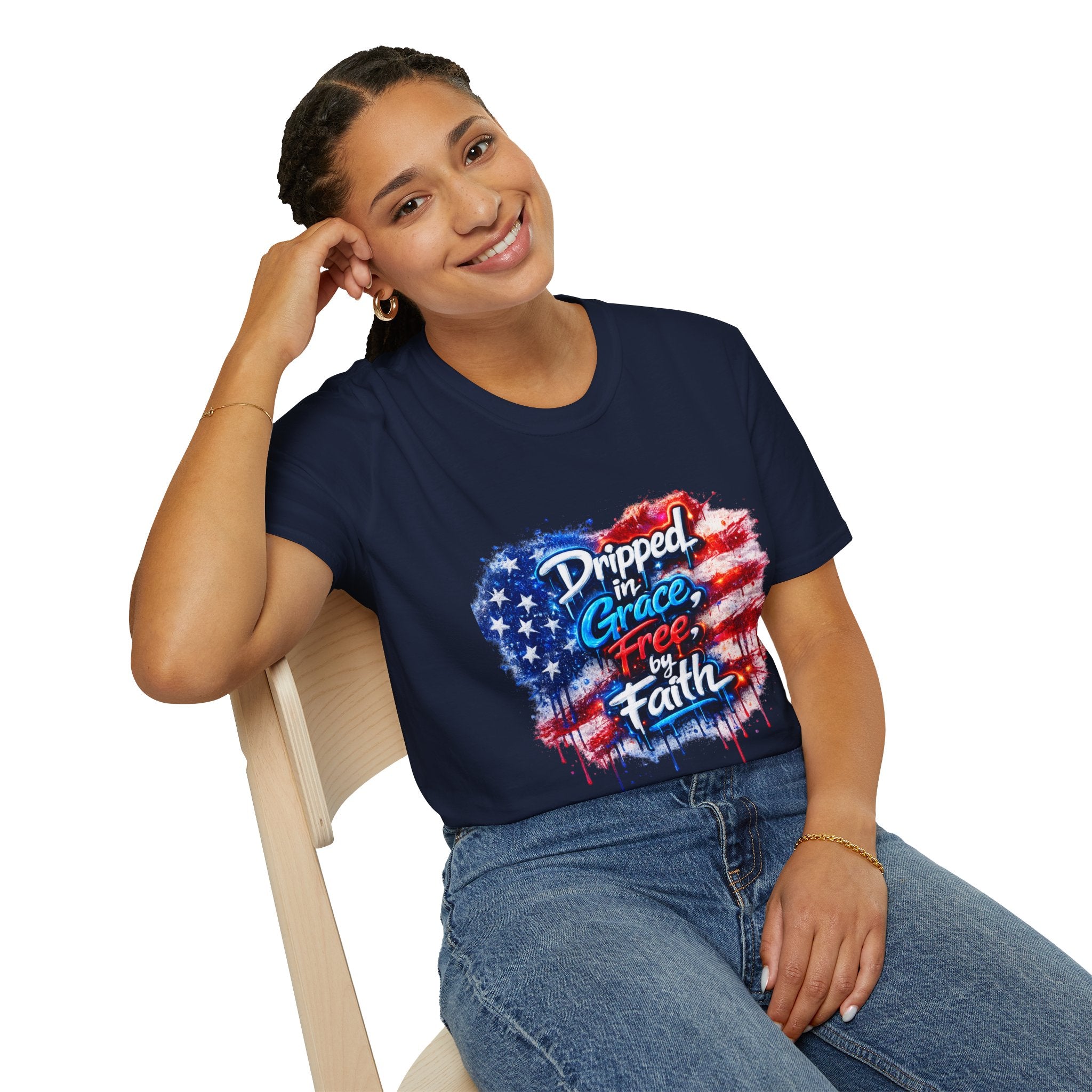 T-Shirt — "Dripped in Grace, Free in Faith" American Flag Christian Graphic Tee - 4th of July