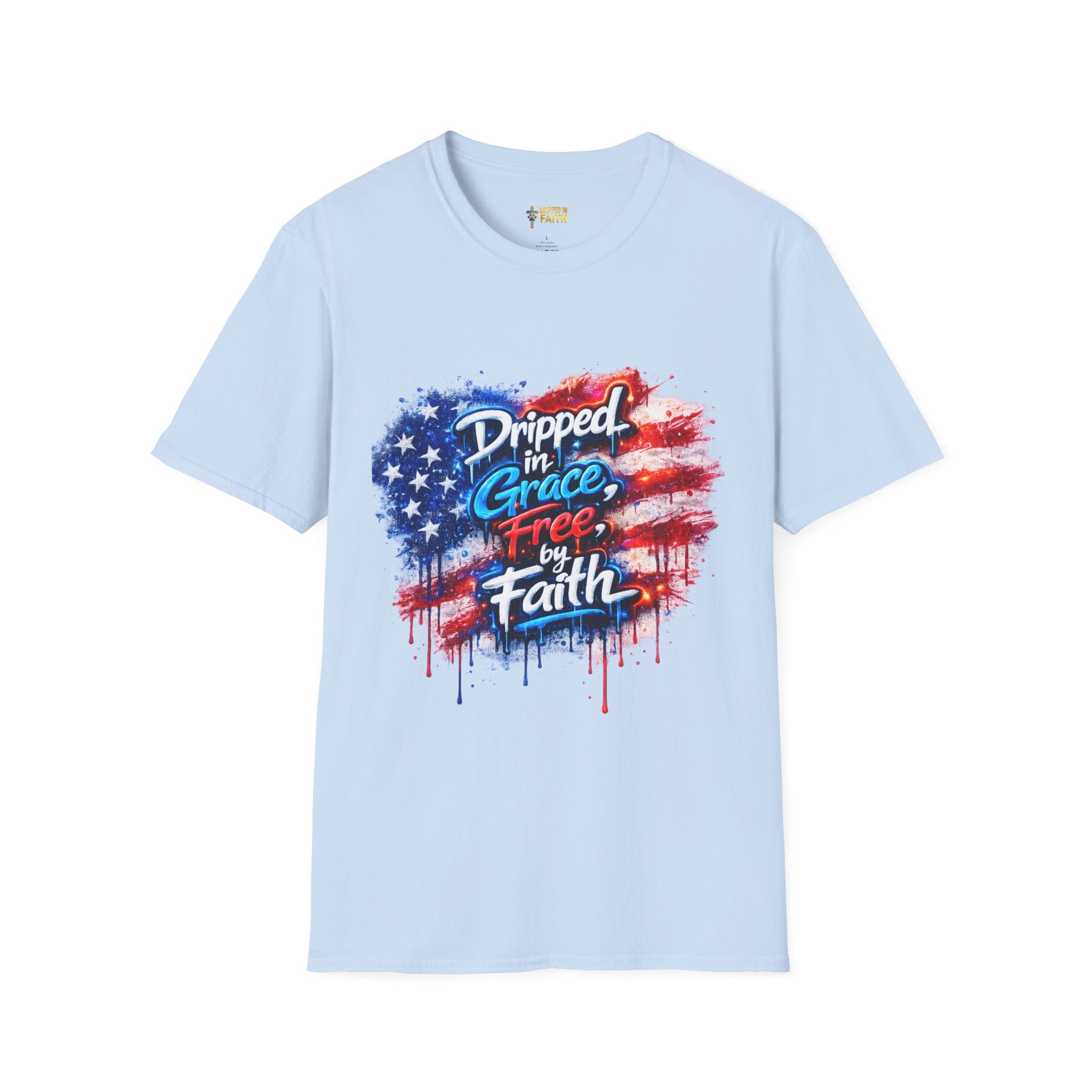 T-Shirt — "Dripped in Grace, Free in Faith" American Flag Christian Graphic Tee - 4th of July