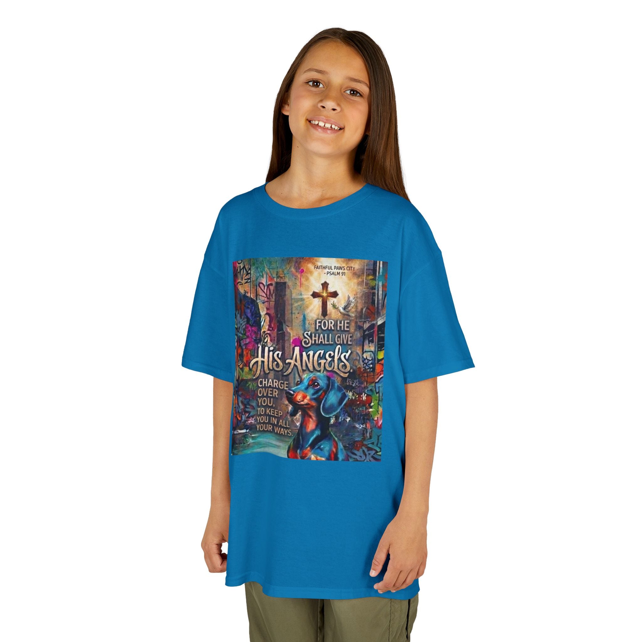 Kids Grafitti Dachshund T-Shirt — "Faithful Paws City" Colorful Angels & Paw Print Graphic Tee