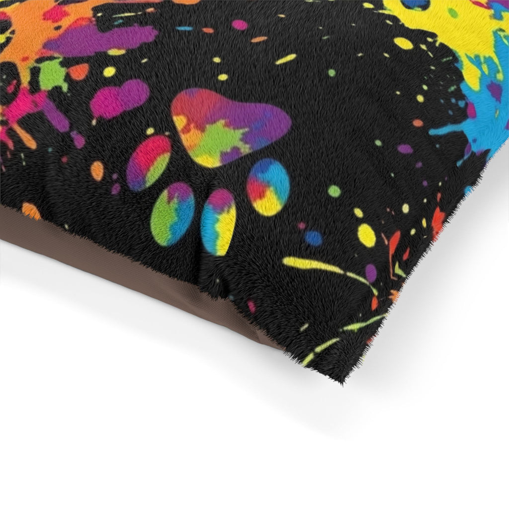 Colorful Paw Print Pet Bed — splatter paint design, cozy dog & cat cushion