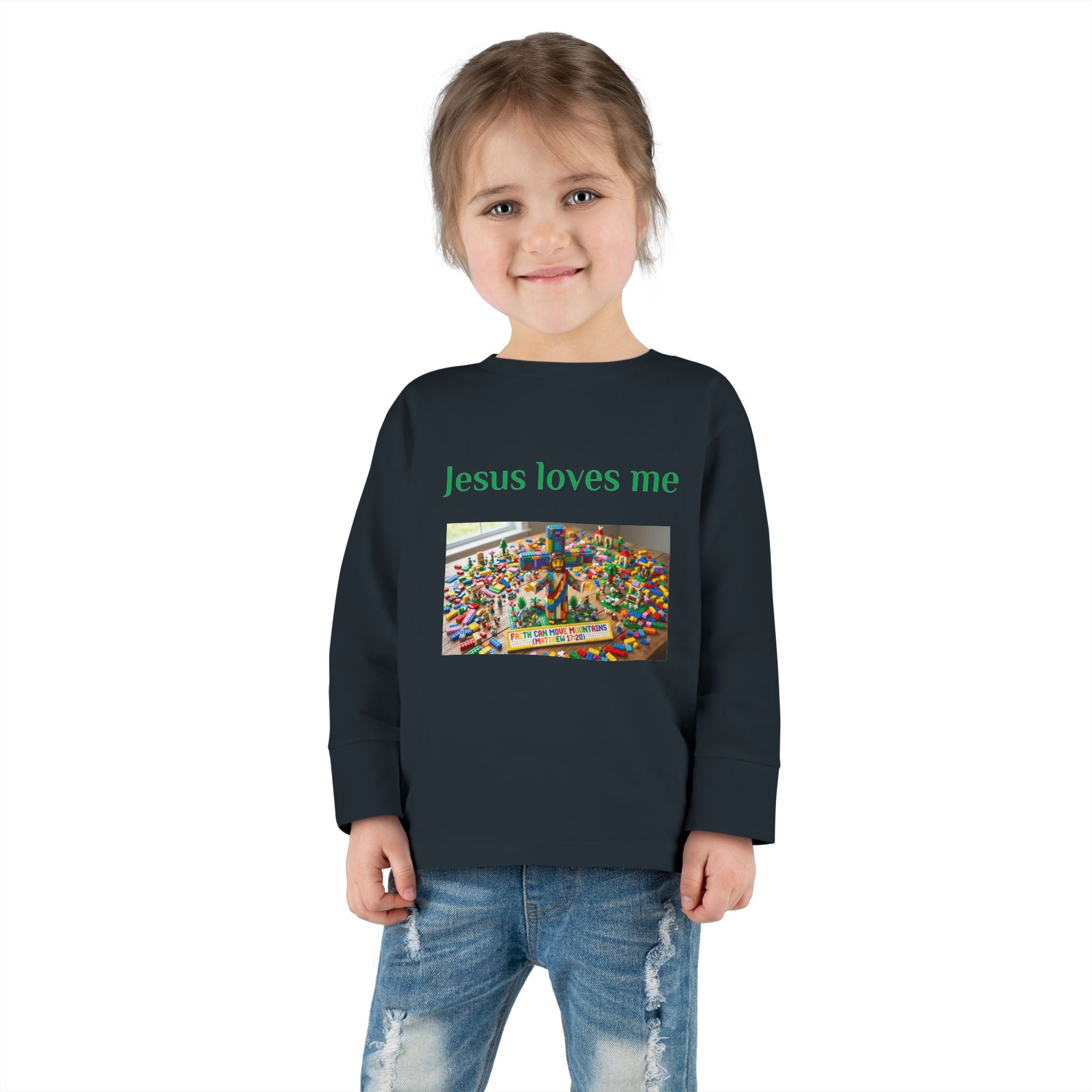 Toddler Long Sleeve Tee — "Jesus Loves Me" print with Colorful Legos Jesus on the cross - Sizes 2T - 6T