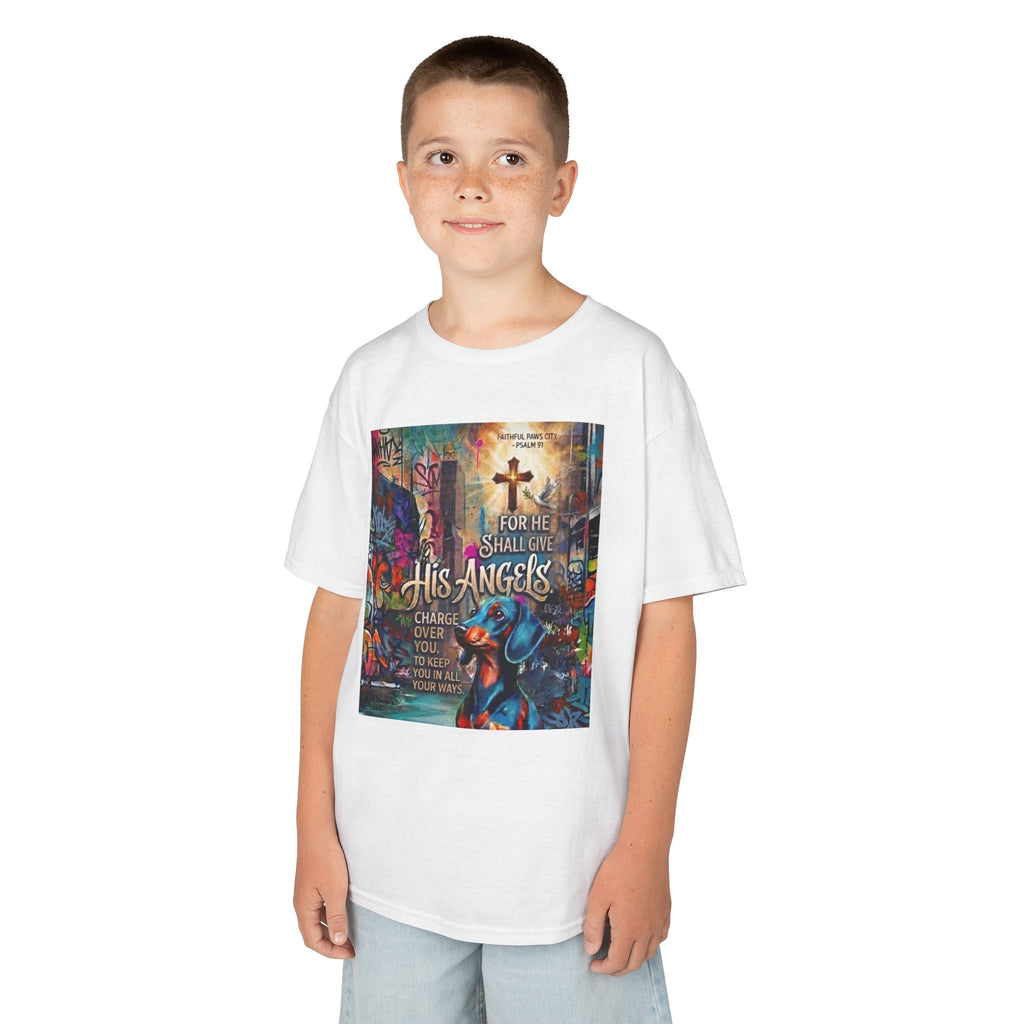 Kids Grafitti Dachshund T-Shirt — "Faithful Paws City" Colorful Angels & Paw Print Graphic Tee