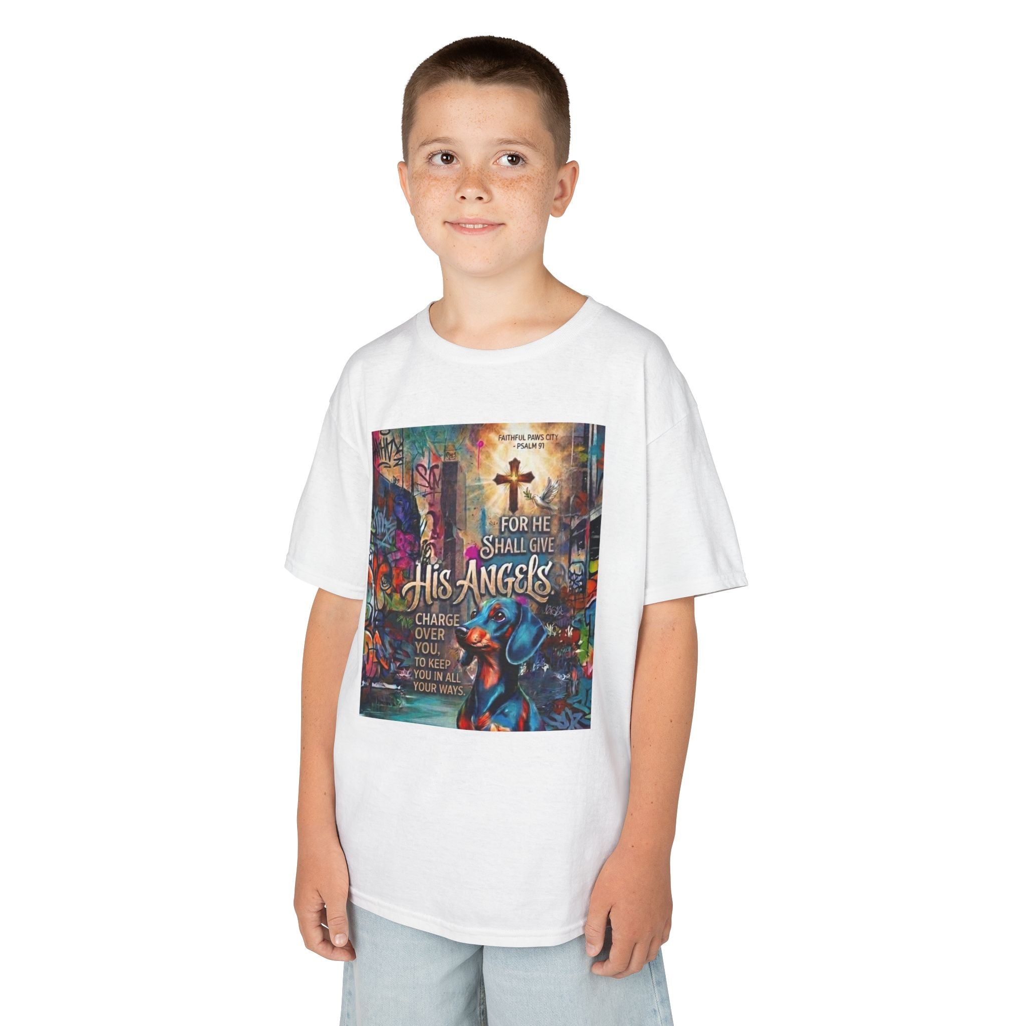Kids Grafitti Dachshund T-Shirt — "Faithful Paws City" Colorful Angels & Paw Print Graphic Tee