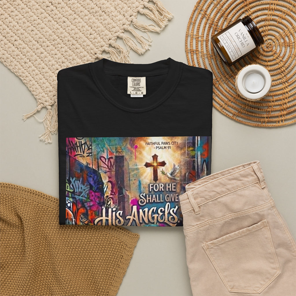 Unisex Christian Dog Grafitti T‑Shirt — "For He Shall Give His Angels Charge Over You" Inspirational Paw Print Tee