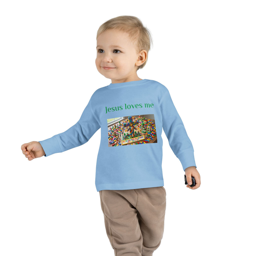 Toddler Long Sleeve Tee — "Jesus Loves Me" print with Colorful Legos Jesus on the cross - Sizes 2T - 6T