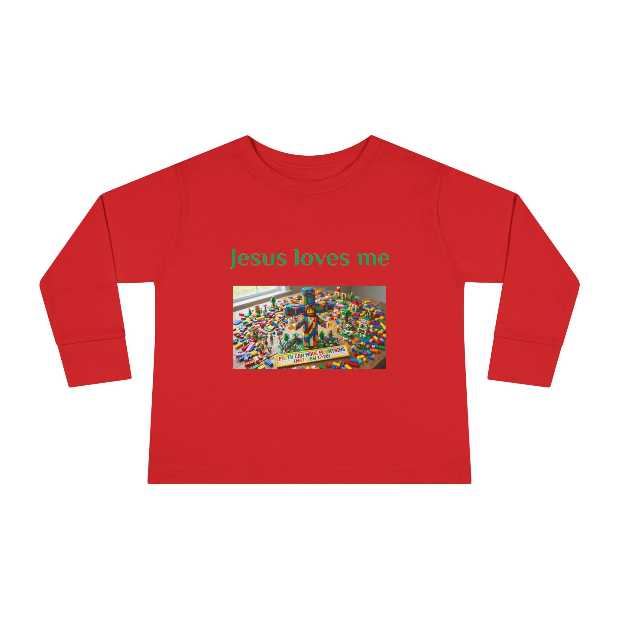 Toddler Long Sleeve Tee — "Jesus Loves Me" print with Colorful Legos Jesus on the cross - Sizes 2T - 6T