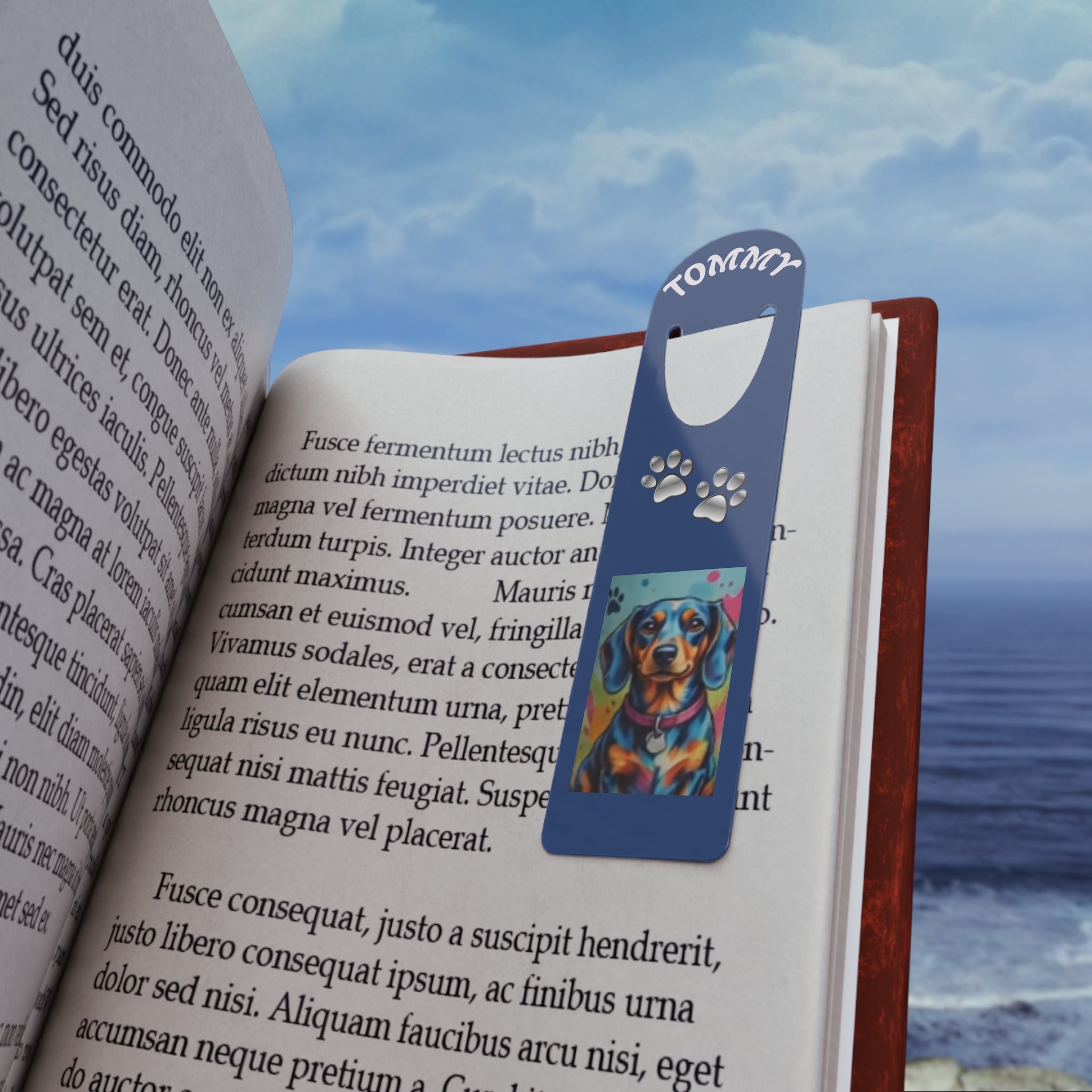 Personalized Dog Bookmark — Custom Name Dachshund Paw Print Metal Bookmark
